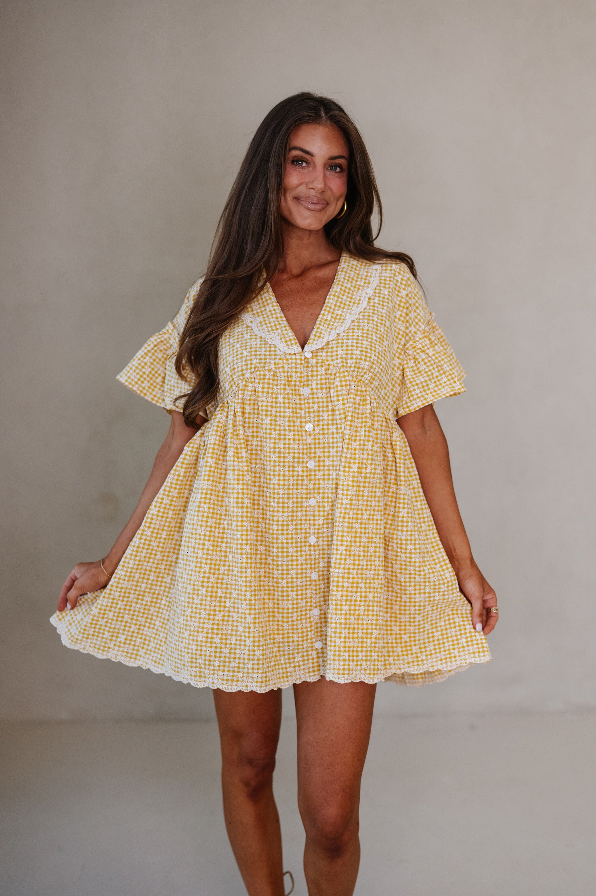 Gingham Embroidered Babydoll Dress