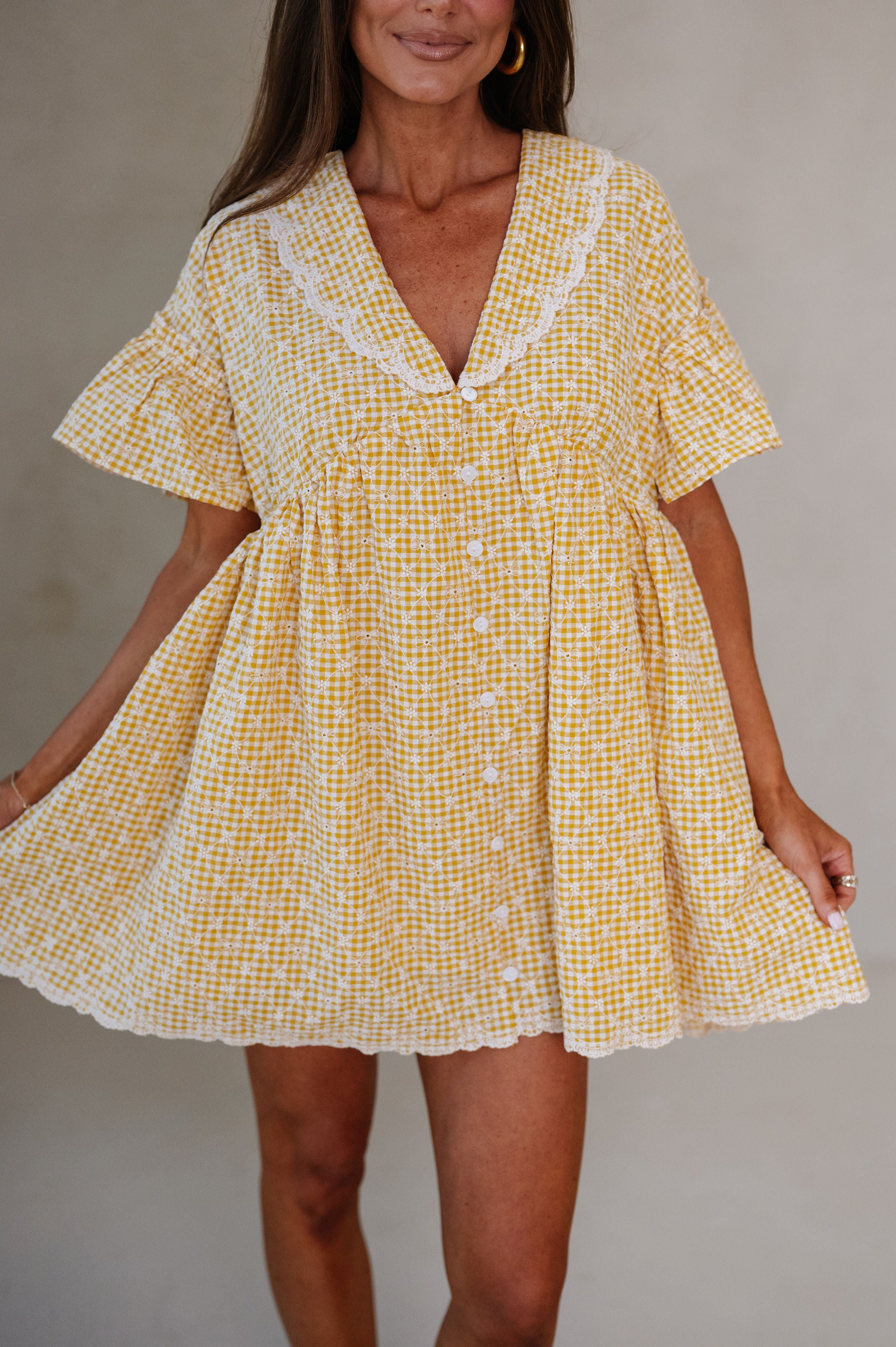Gingham Embroidered Babydoll Dress