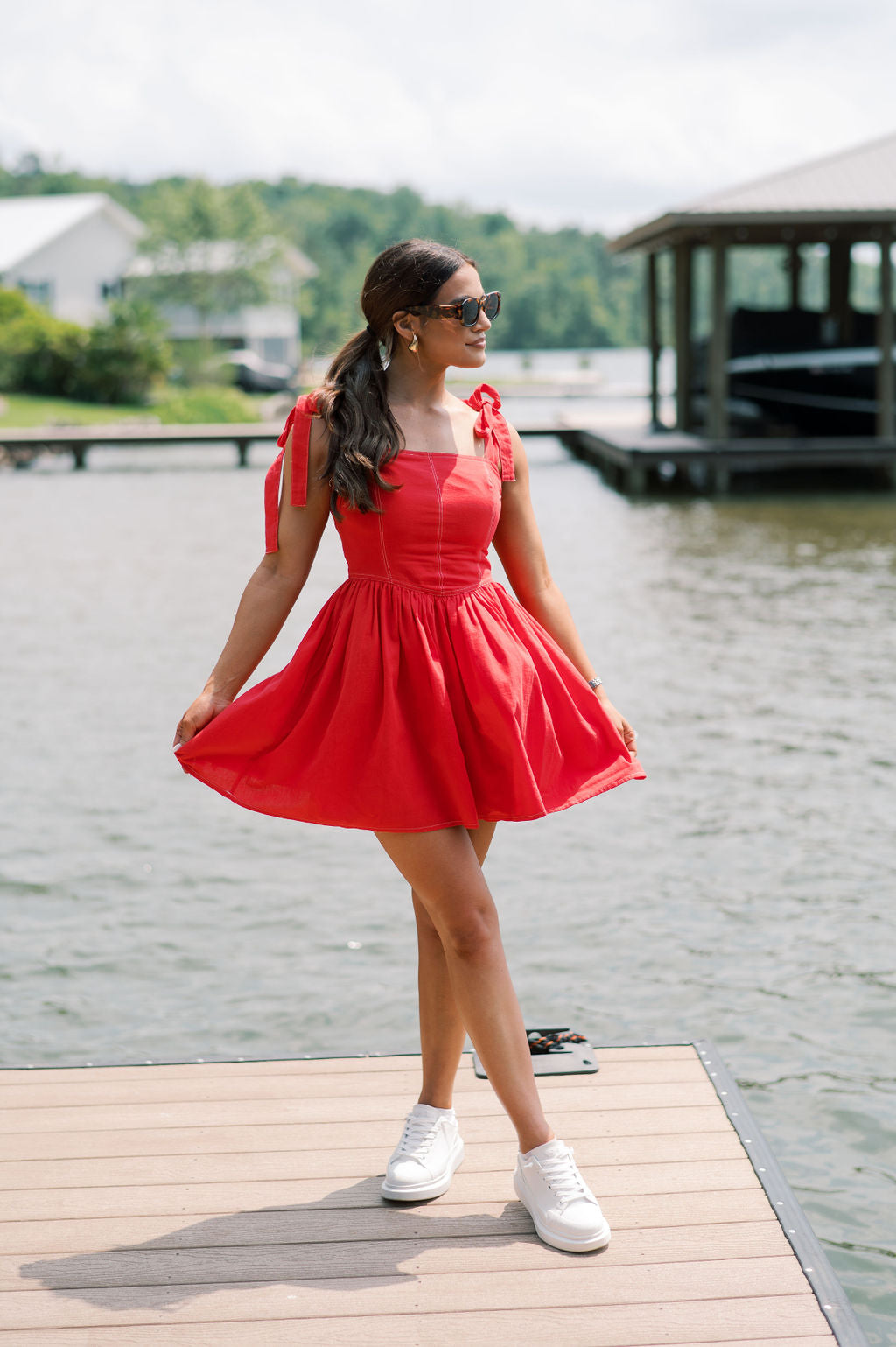 Stitch Detail Shoulder Tie Mini Dress- Red