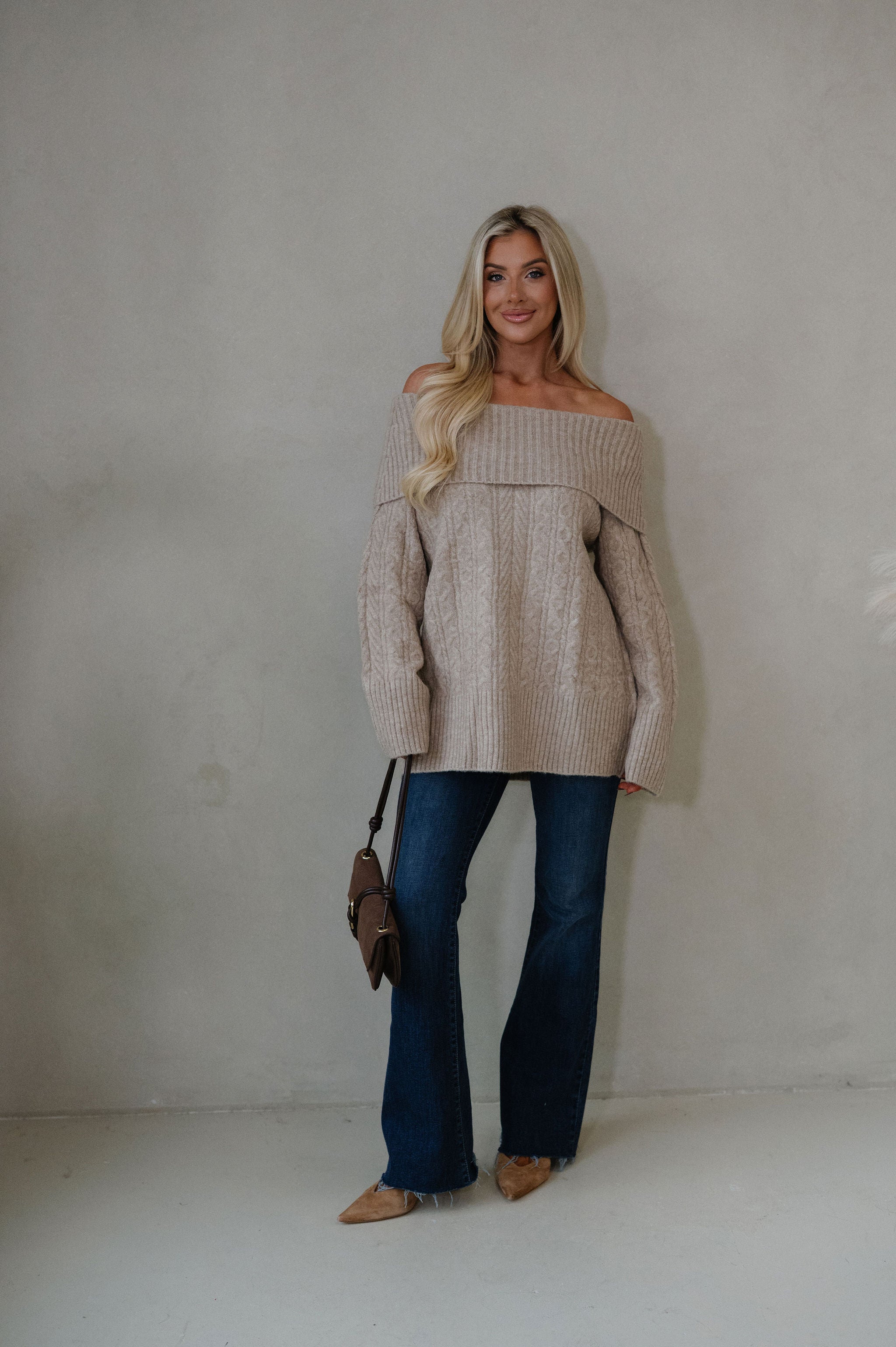 Vivian OTS Cable Sweater-Tan