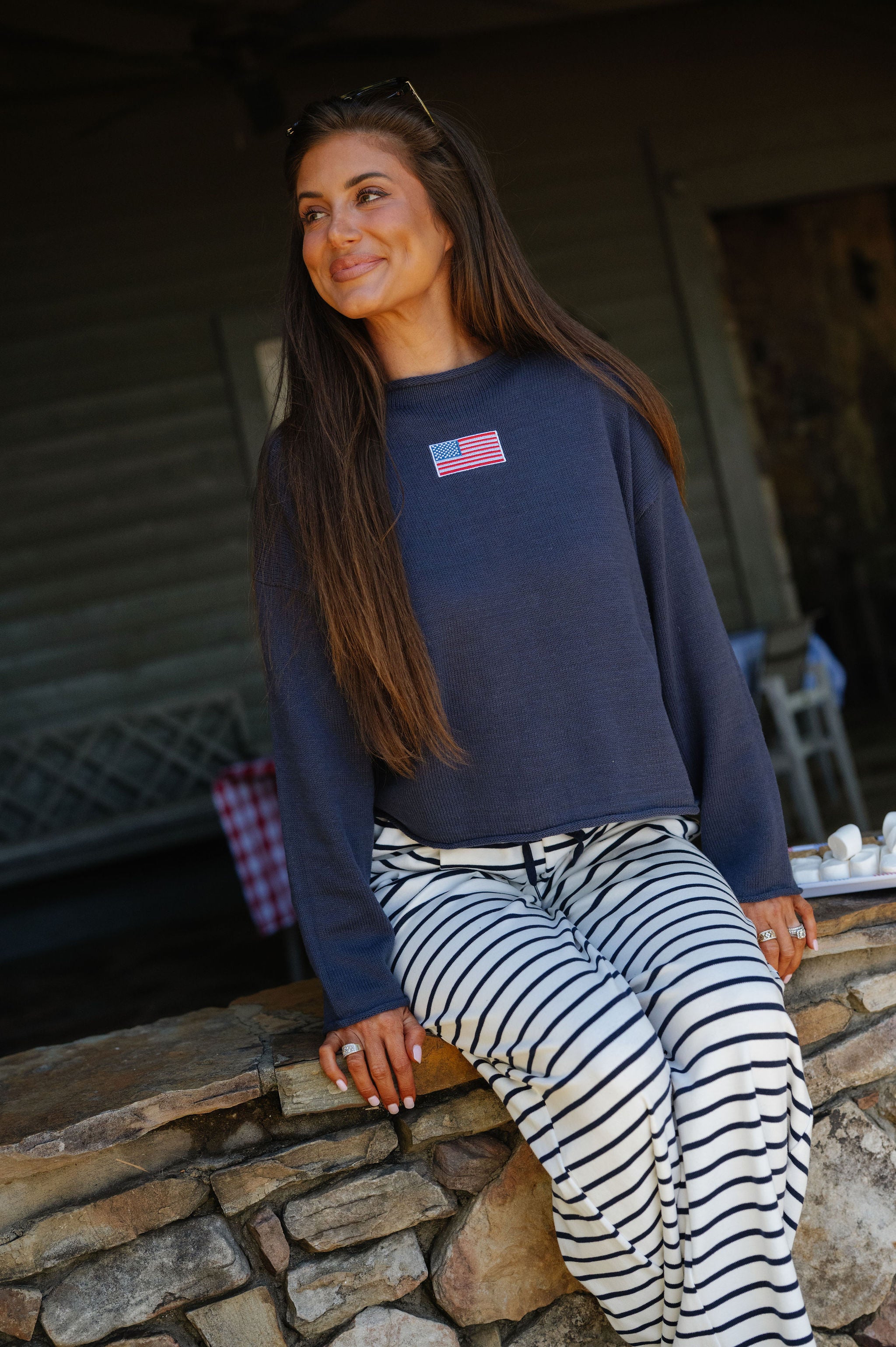American Flag Rolled High Neck Sweater-Navy
