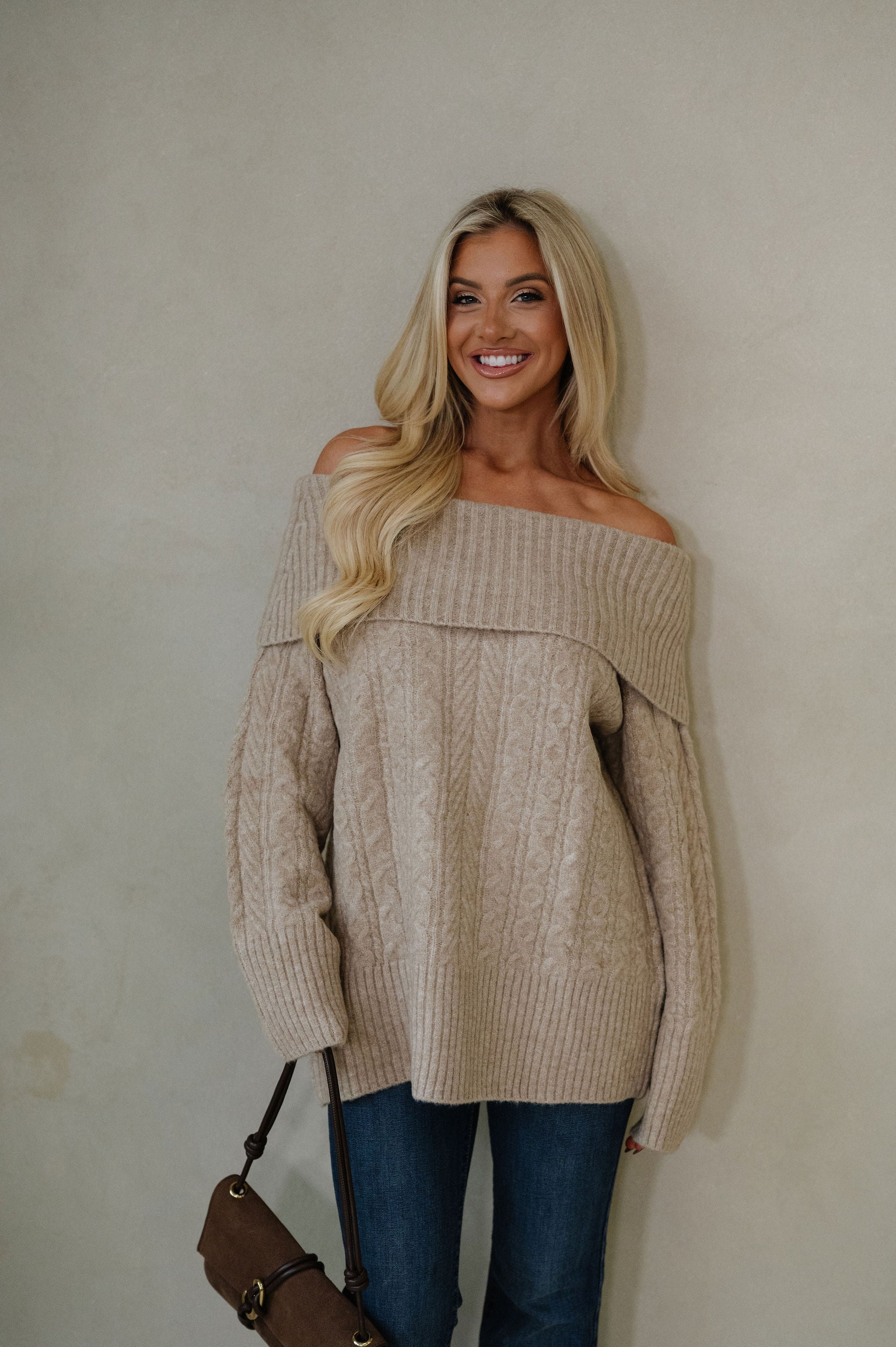 Vivian OTS Cable Sweater-Tan