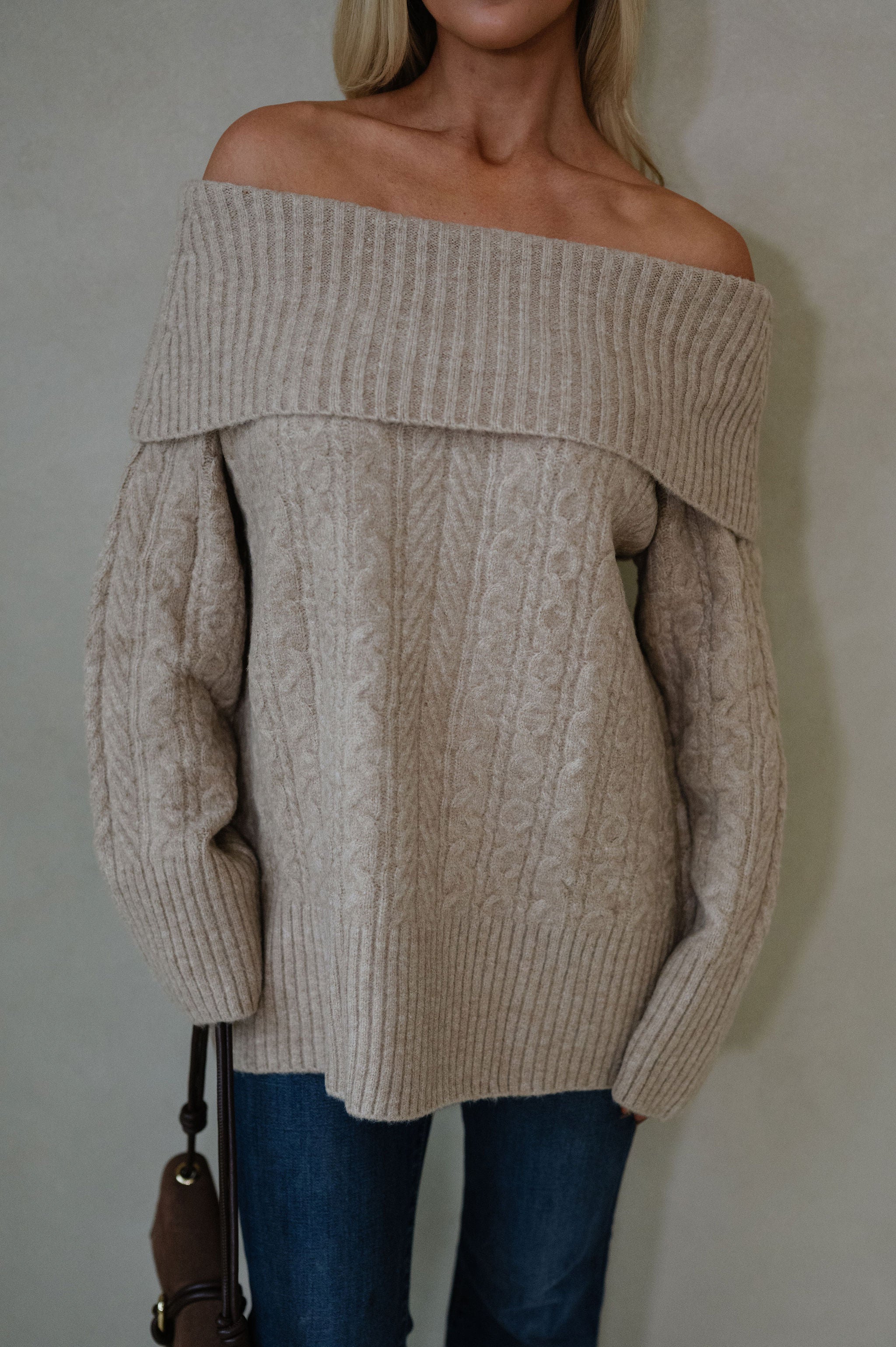 Vivian OTS Cable Sweater-Tan