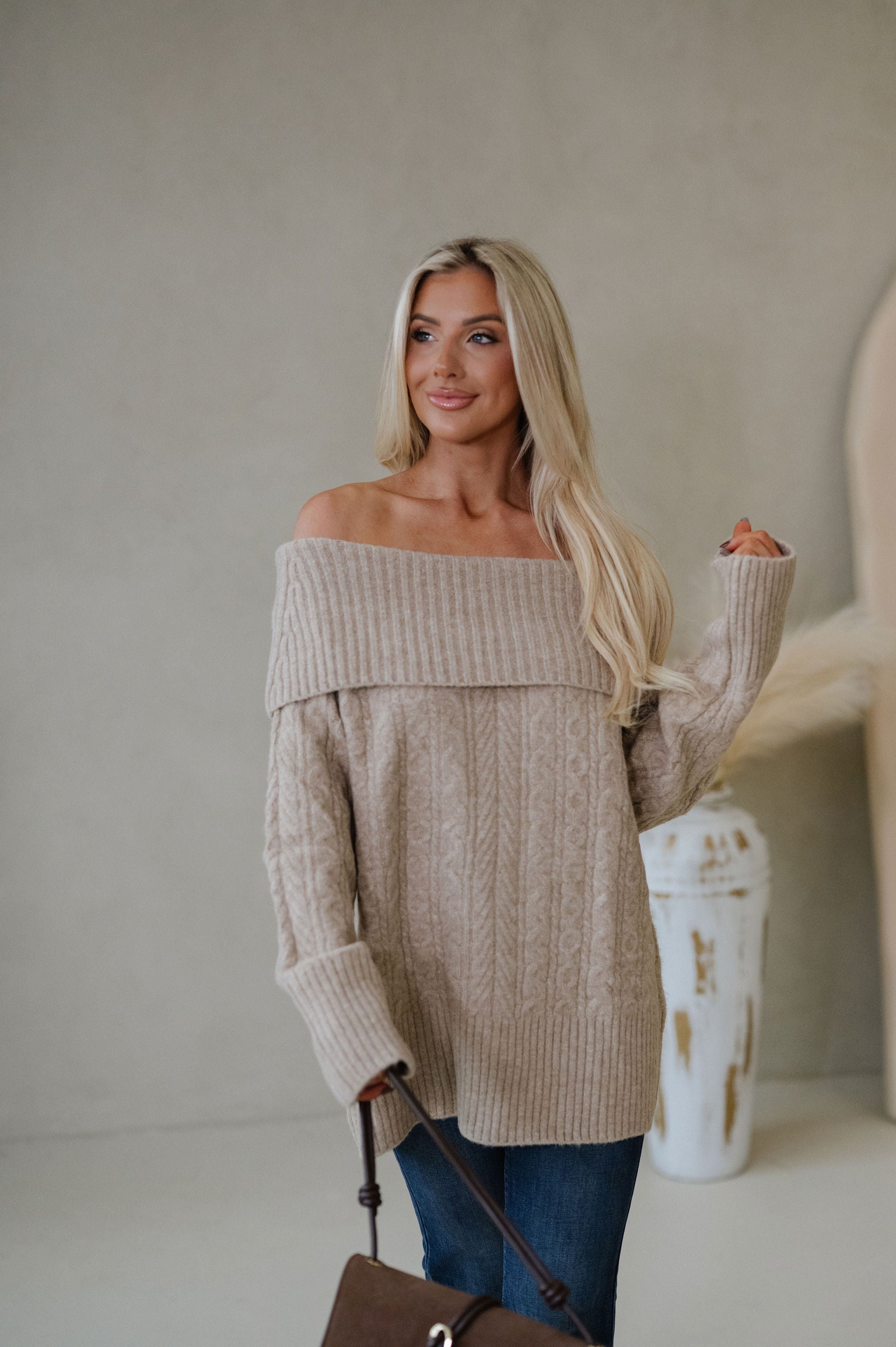 Vivian OTS Cable Sweater-Tan