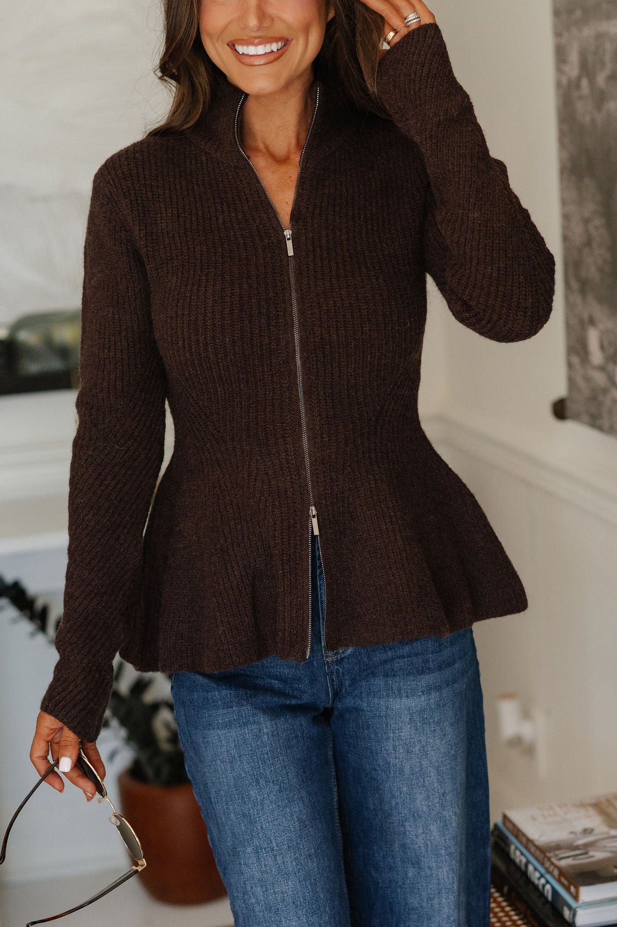Lyla Peplum Cardigan-Brown