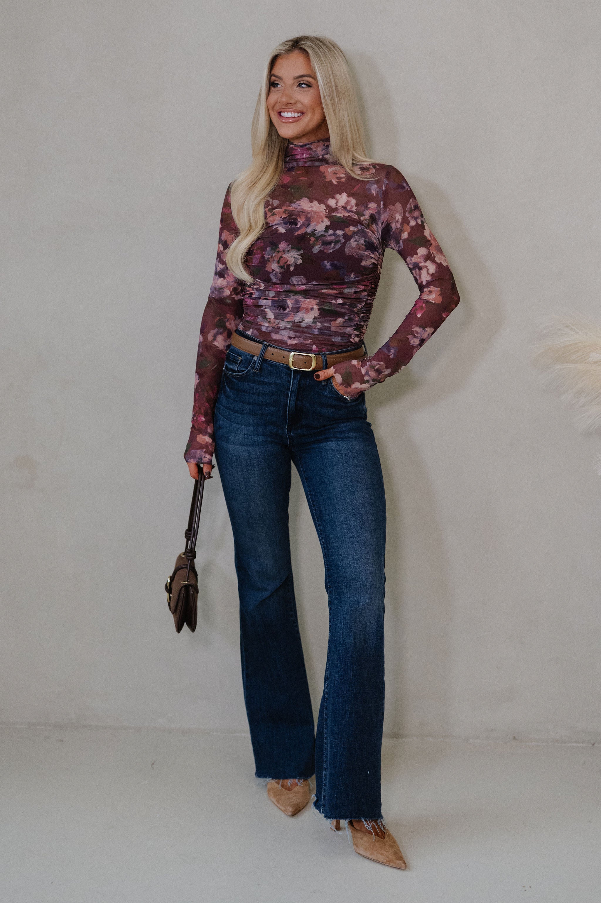 Shirring Mock Neck Bodysuit-Floral