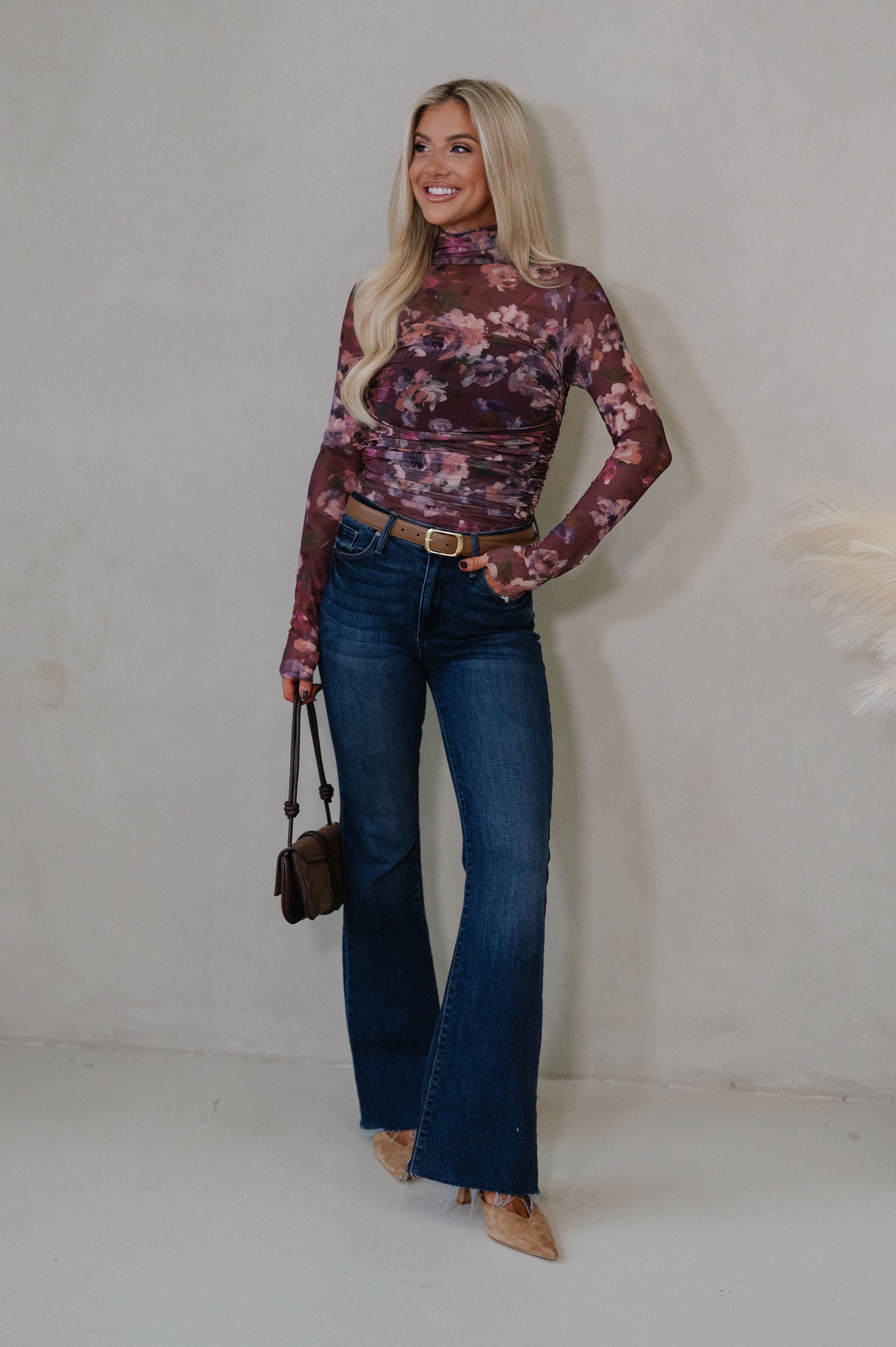 Shirring Mock Neck Bodysuit-Floral