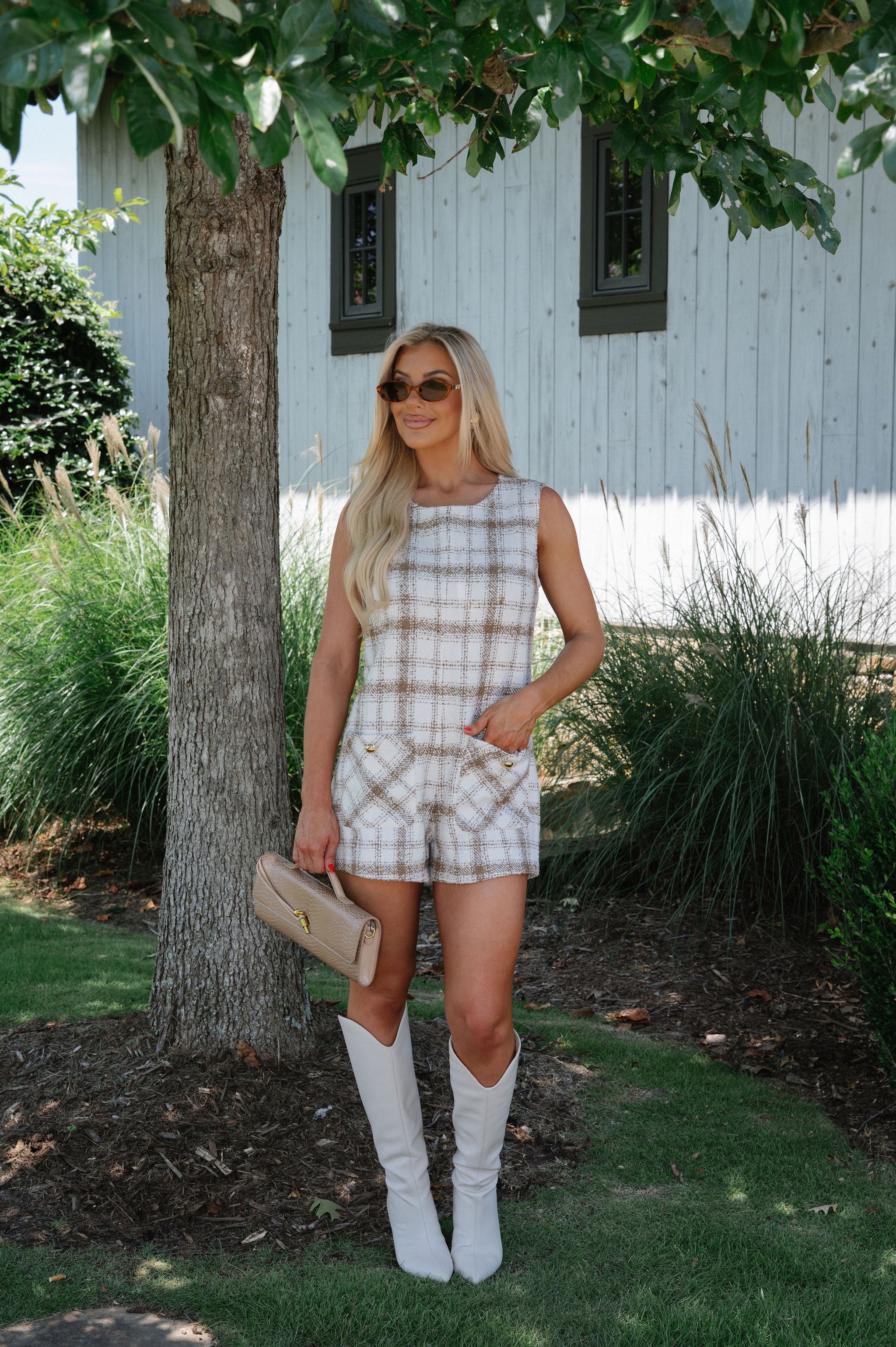 Pocketed Tweed Romper-Ivory/Mocha