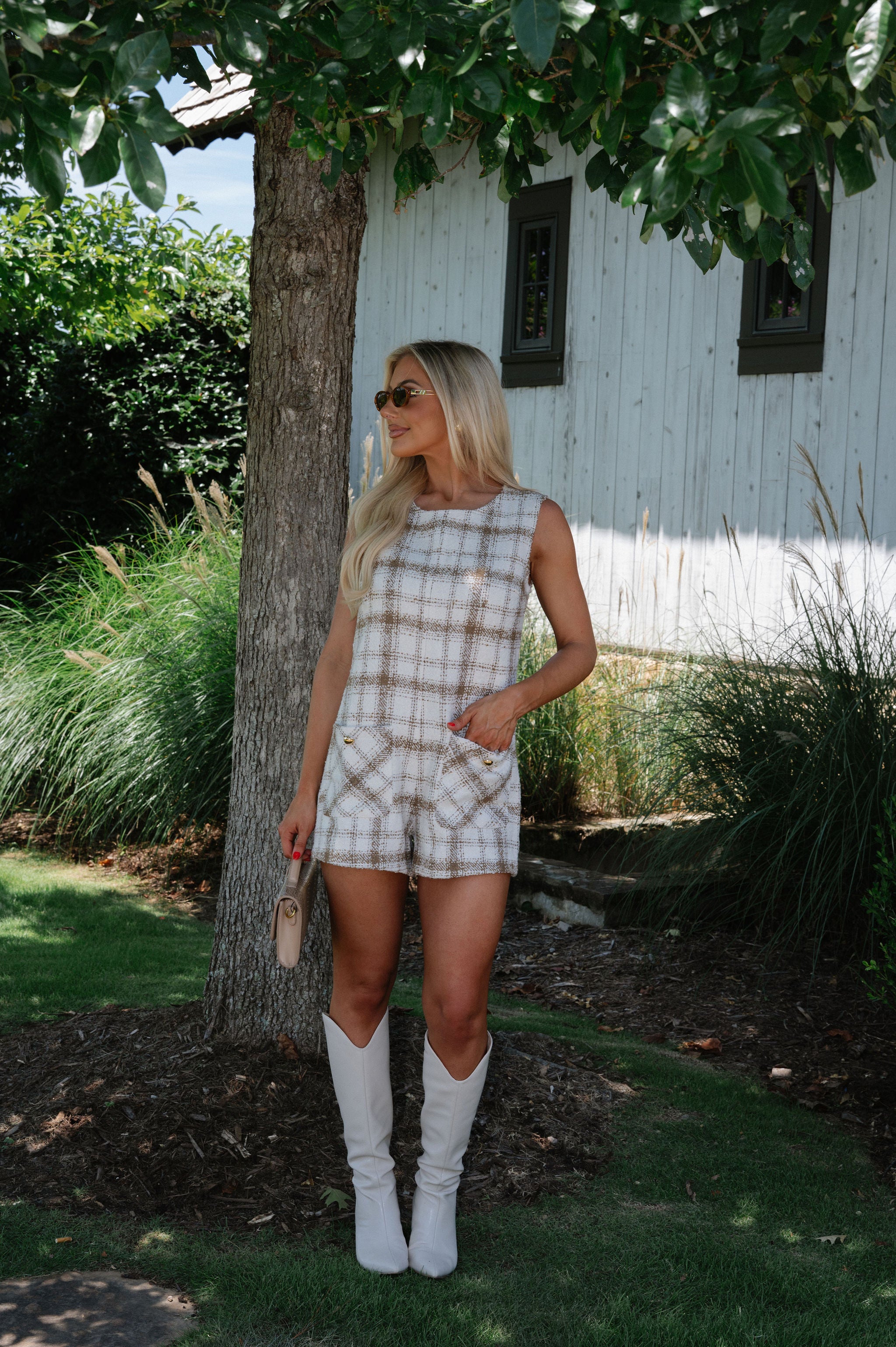 Pocketed Tweed Romper-Ivory/Mocha