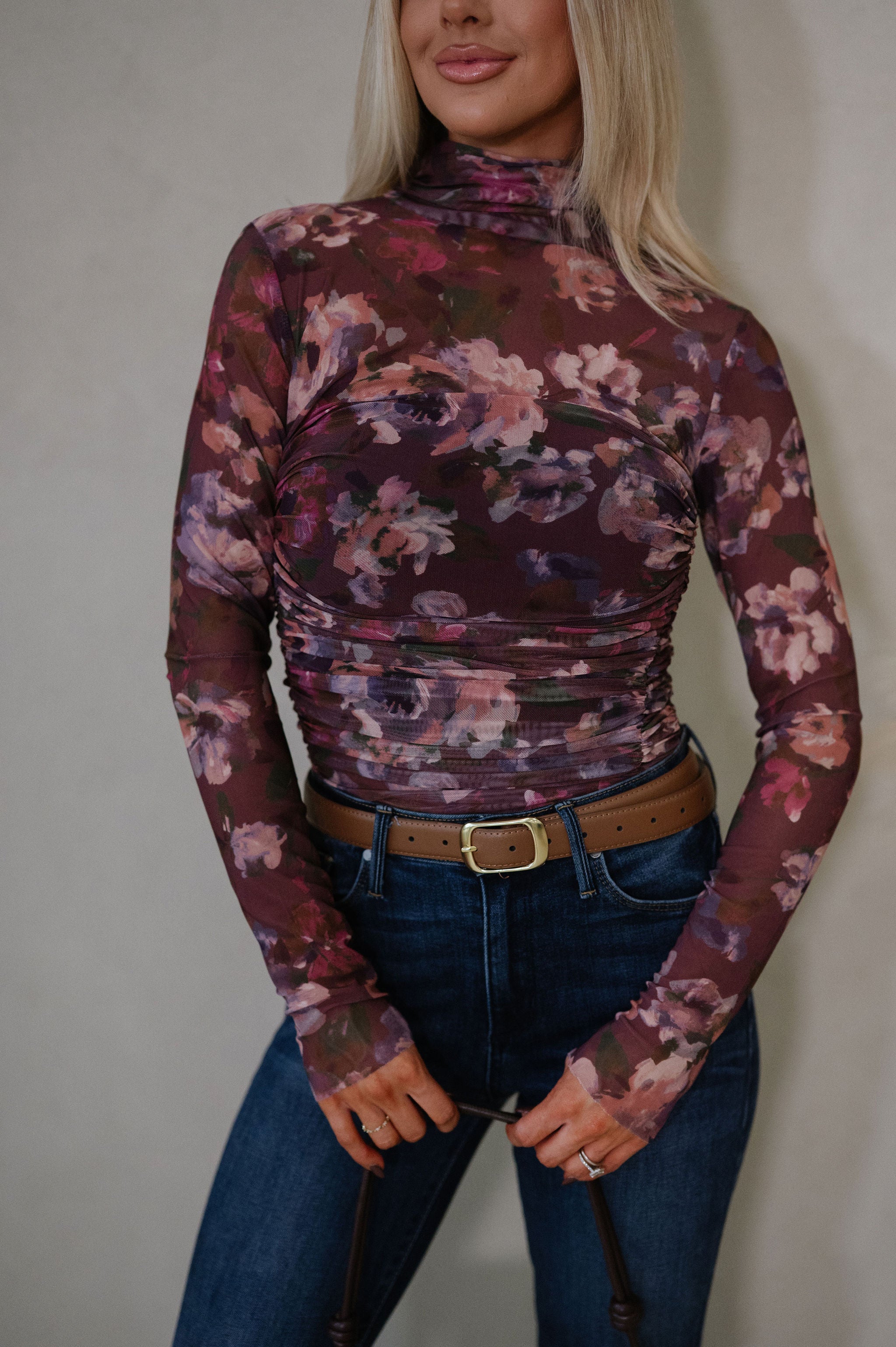 Shirring Mock Neck Bodysuit-Floral