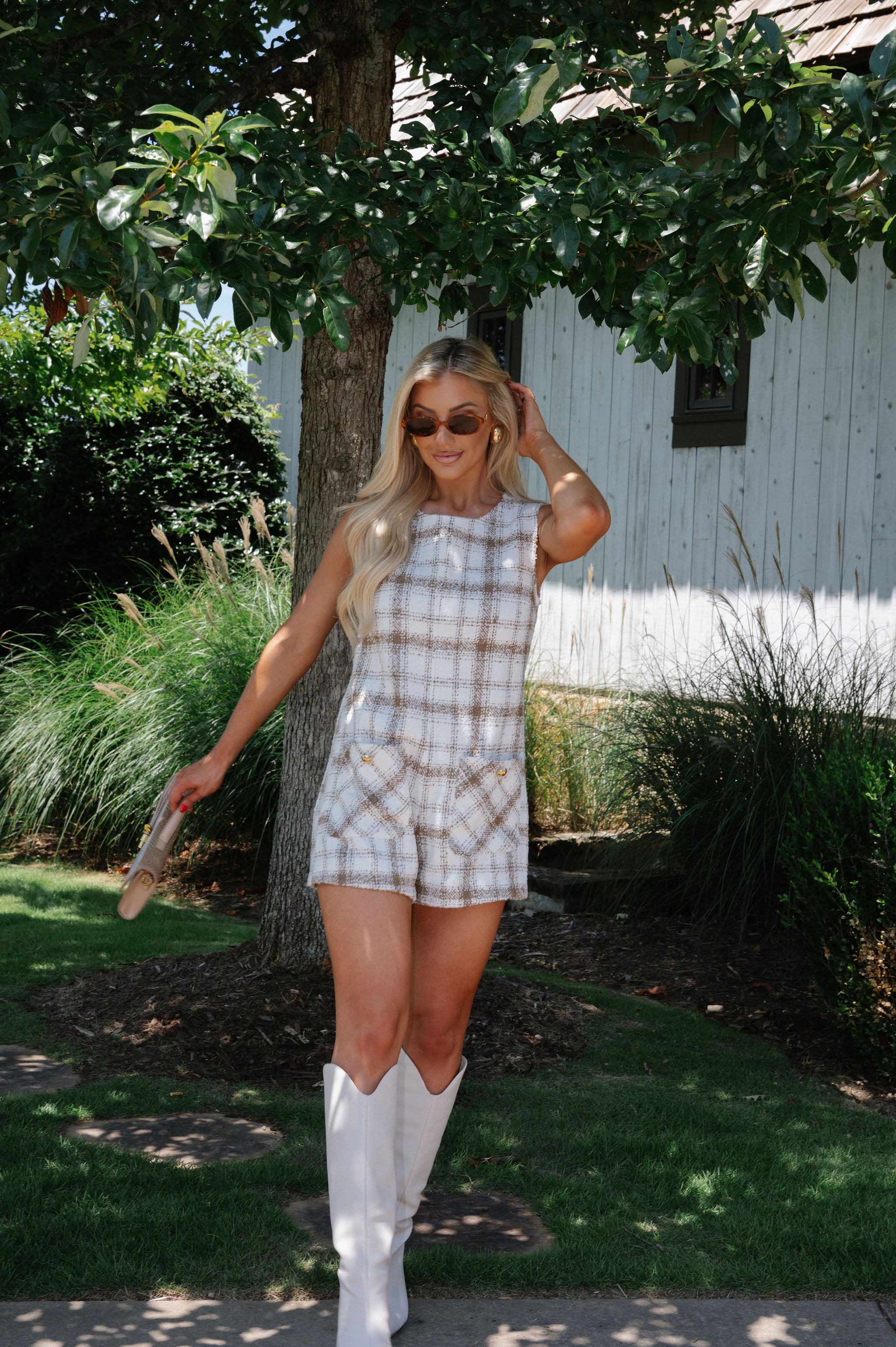 Pocketed Tweed Romper-Ivory/Mocha