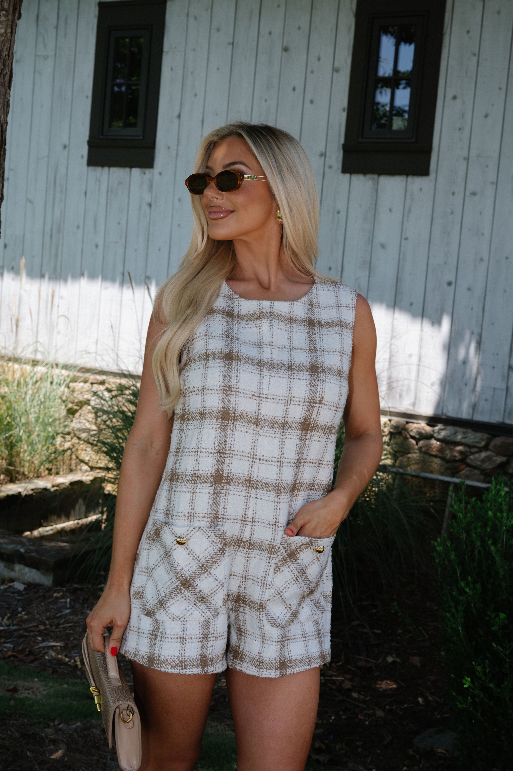 Pocketed Tweed Romper-Ivory/Mocha