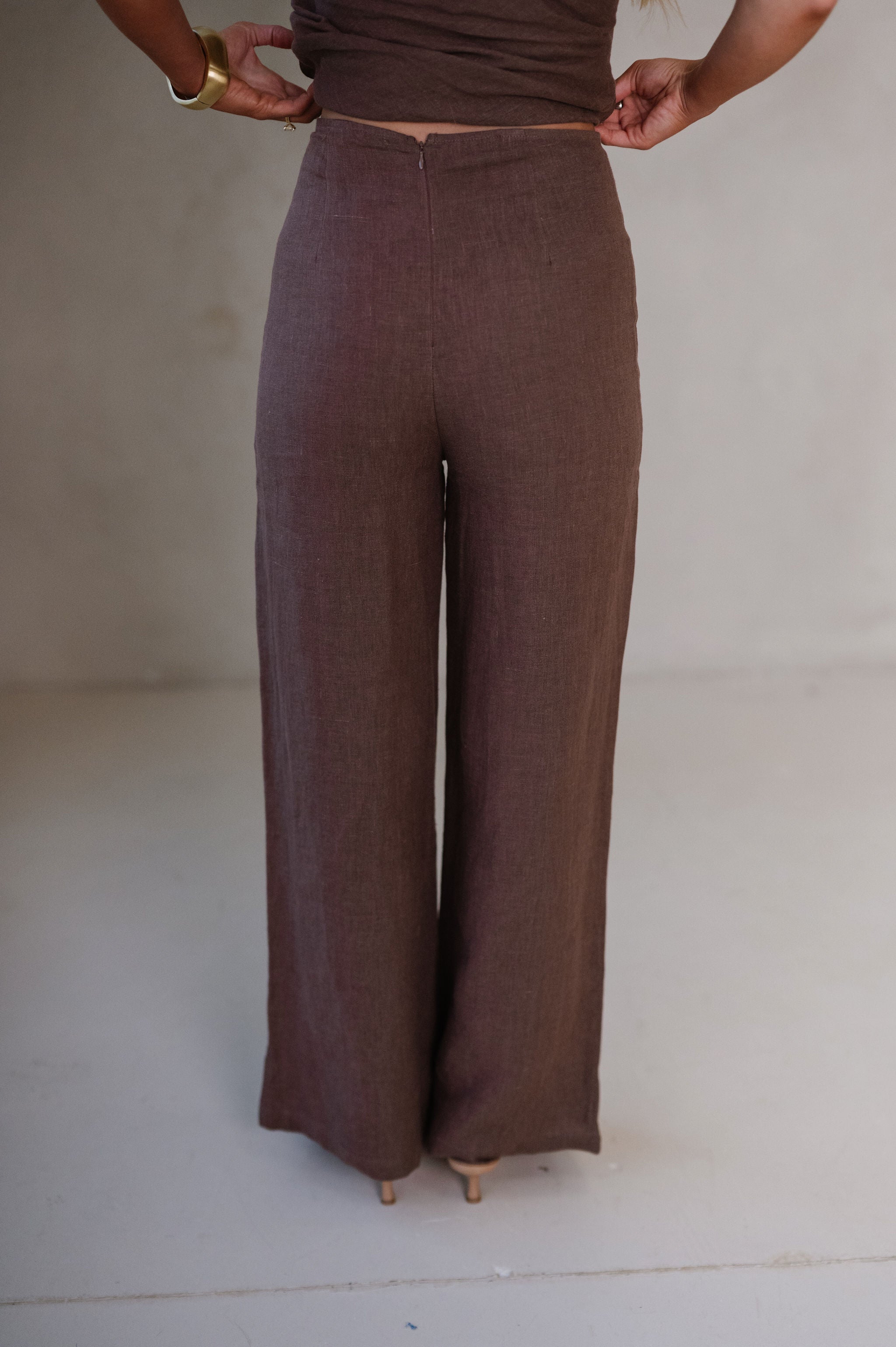 Rita Wide Leg Linen Pants-Brown