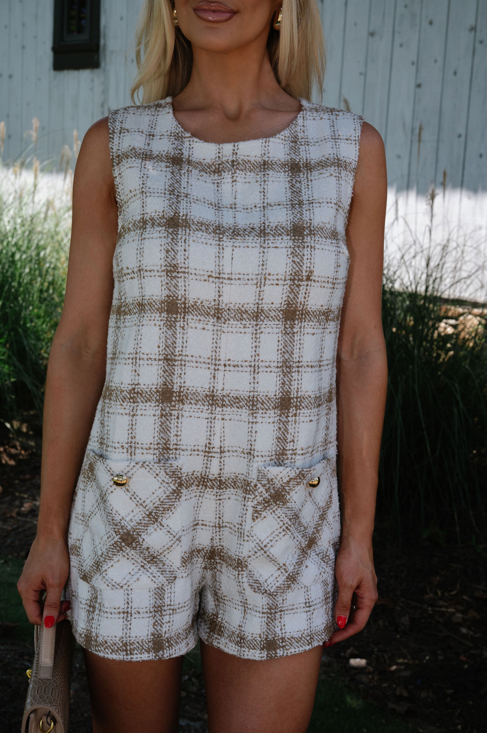 Pocketed Tweed Romper-Ivory/Mocha