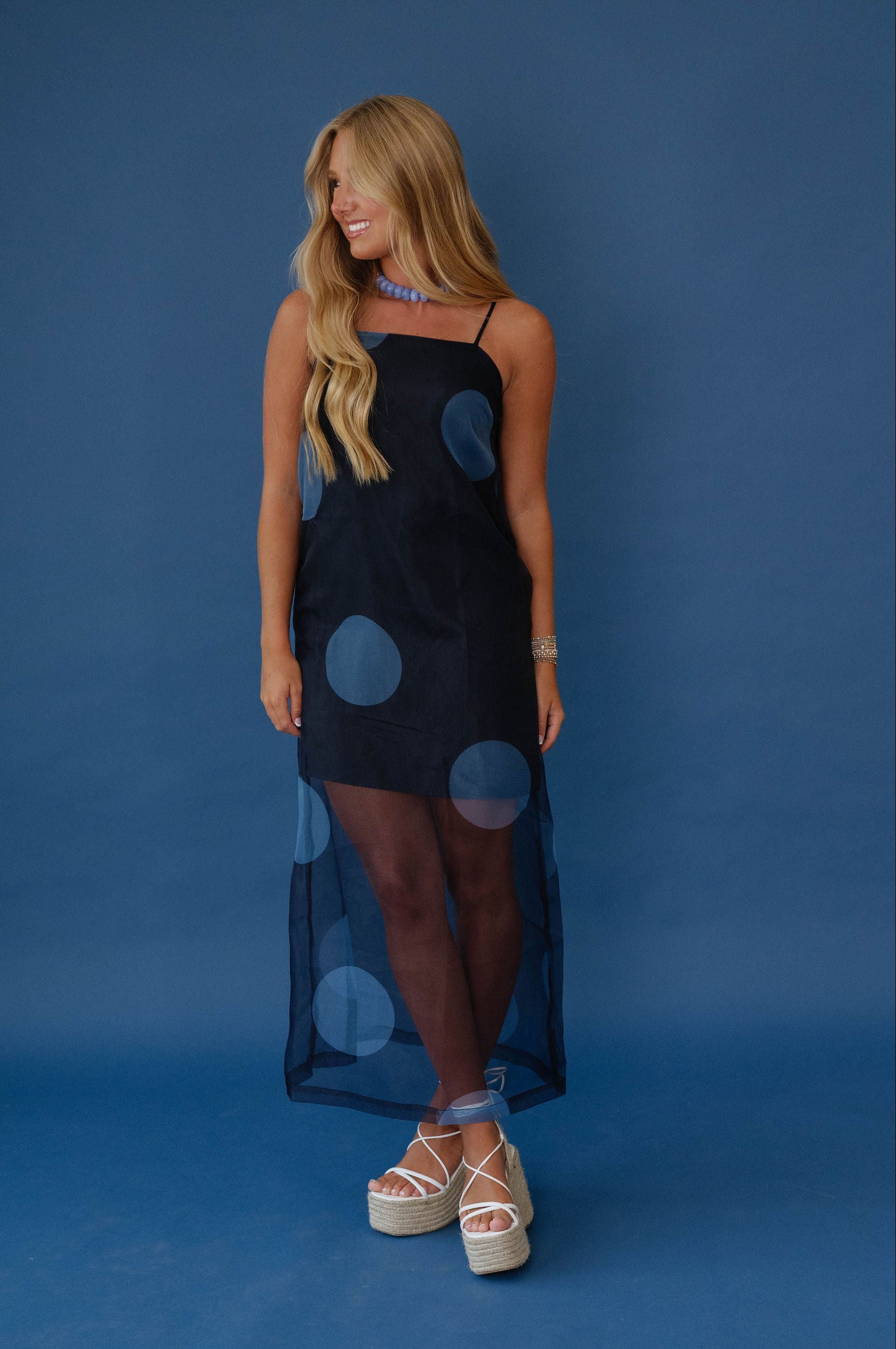 Fran Polka Dot Sheer Overlay Midi Dress-Navy