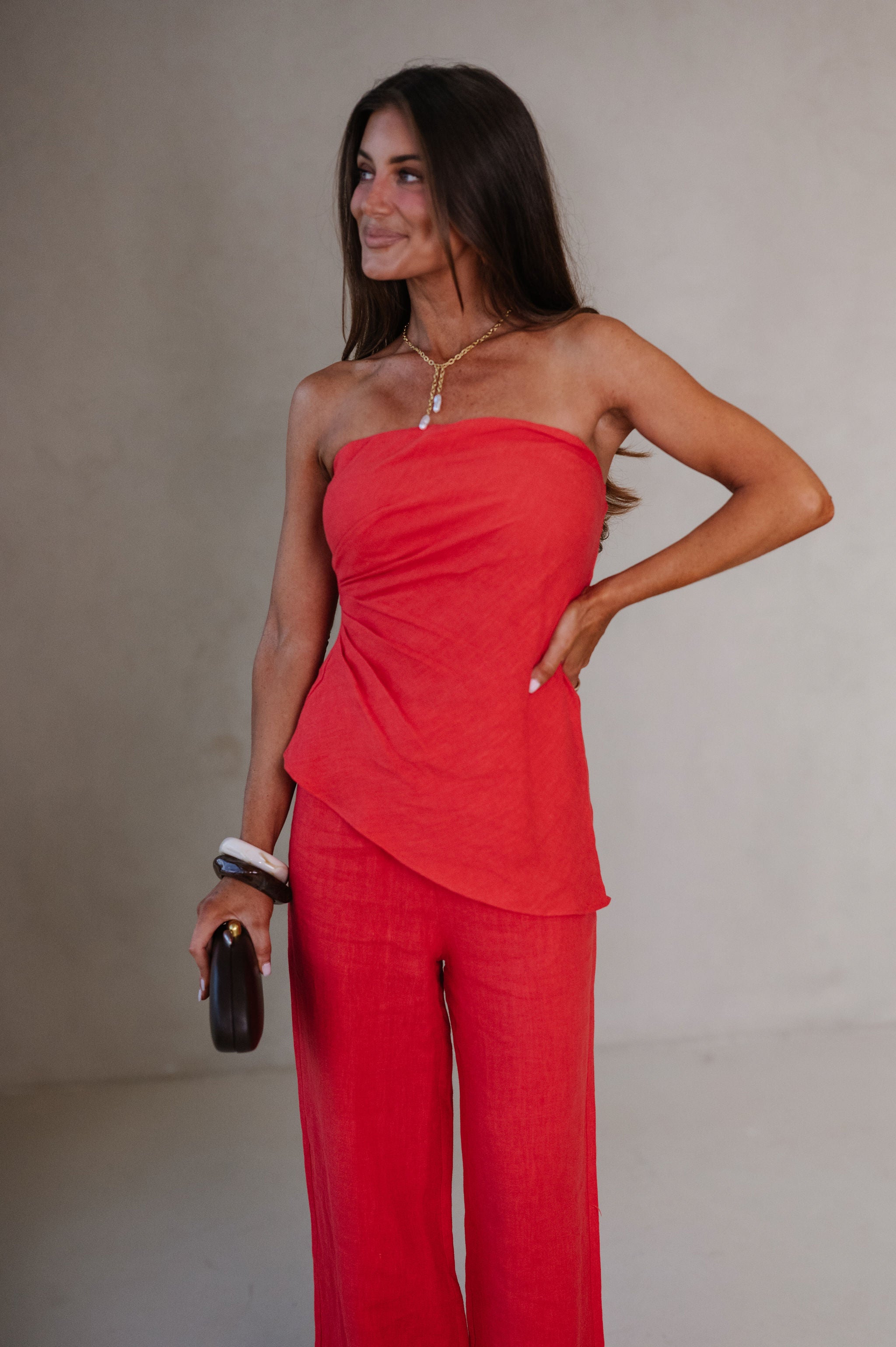 Dani Asymmetrical Strapless Top-Red