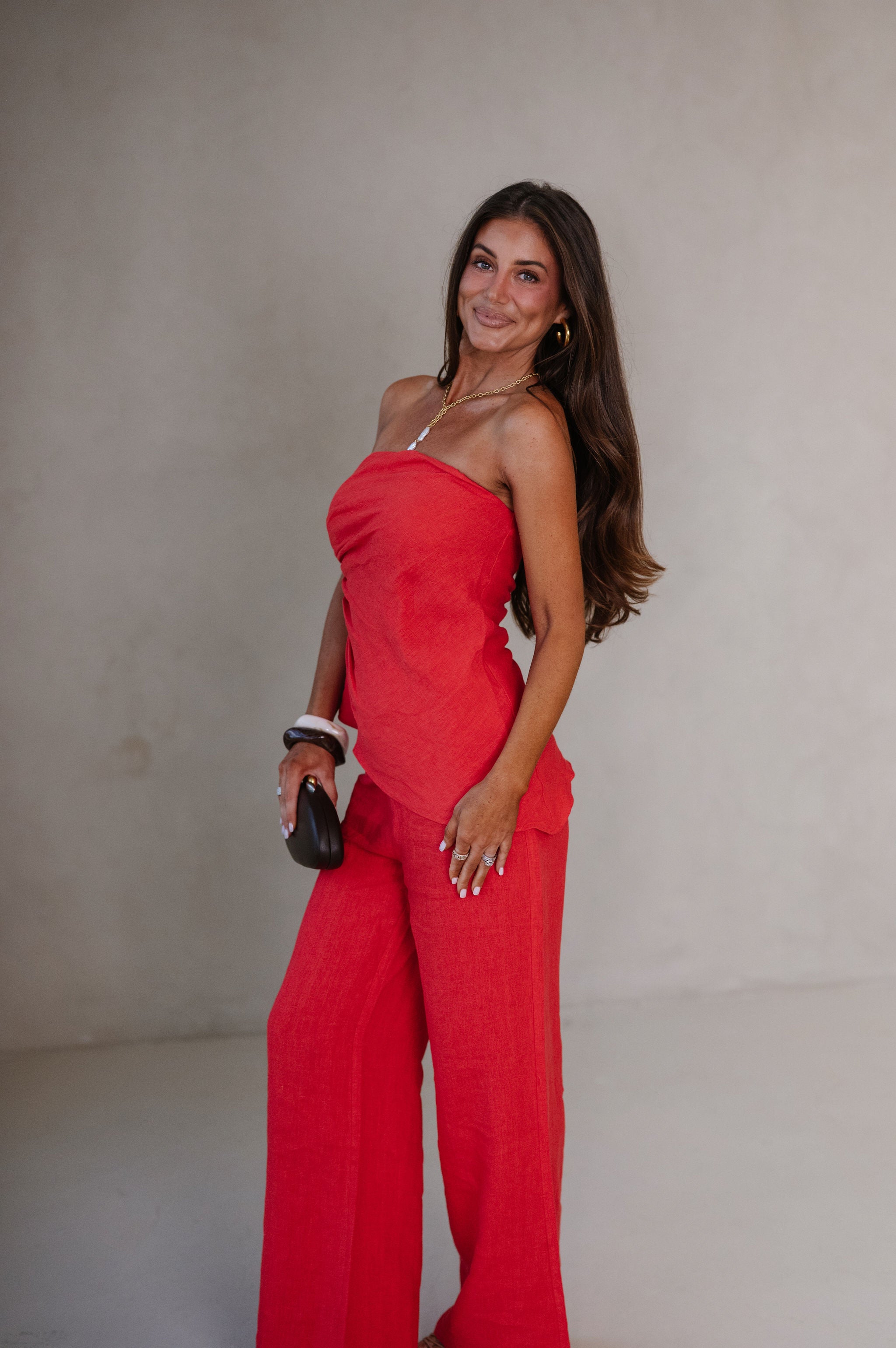 Rita Wide Leg Linen Pants-Red