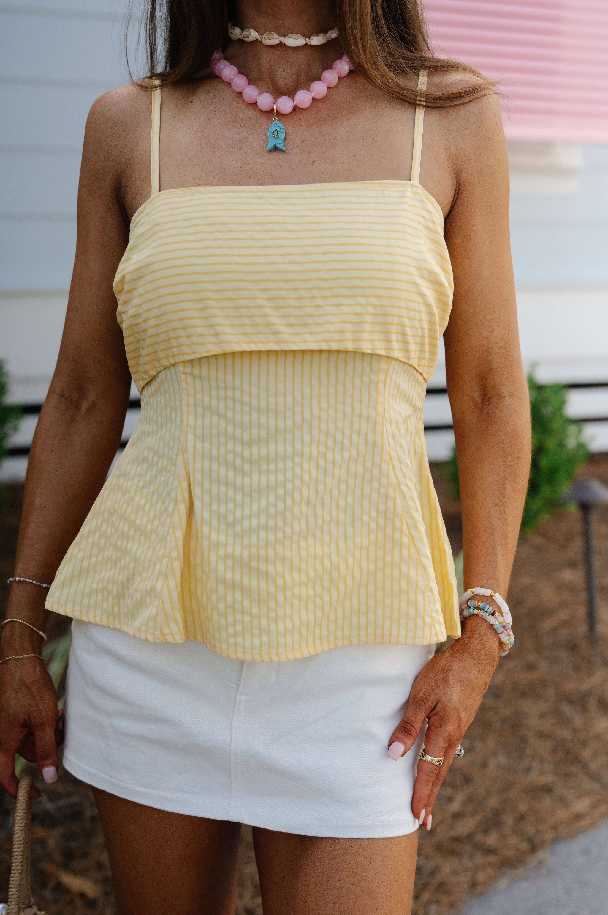 Birdie Striped Fit And Flare Top-Lemon