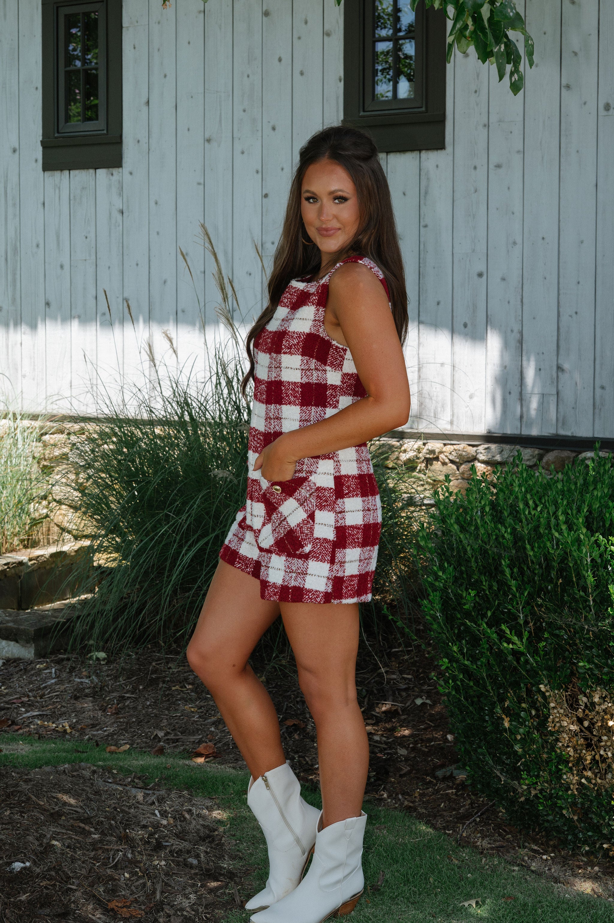 Pocketed Tweed Romper-Burgundy/Ivory