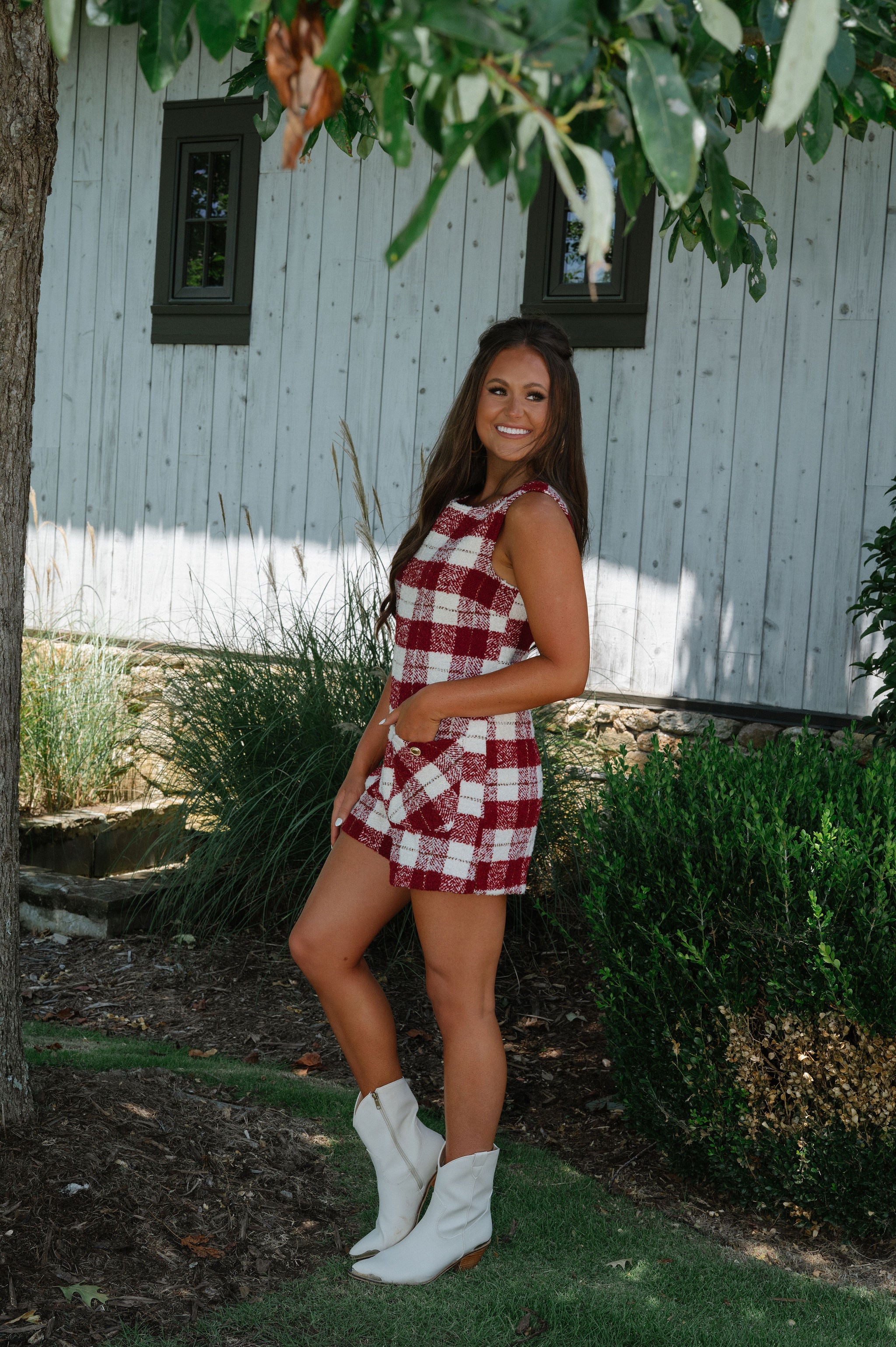 Pocketed Tweed Romper-Burgundy/Ivory