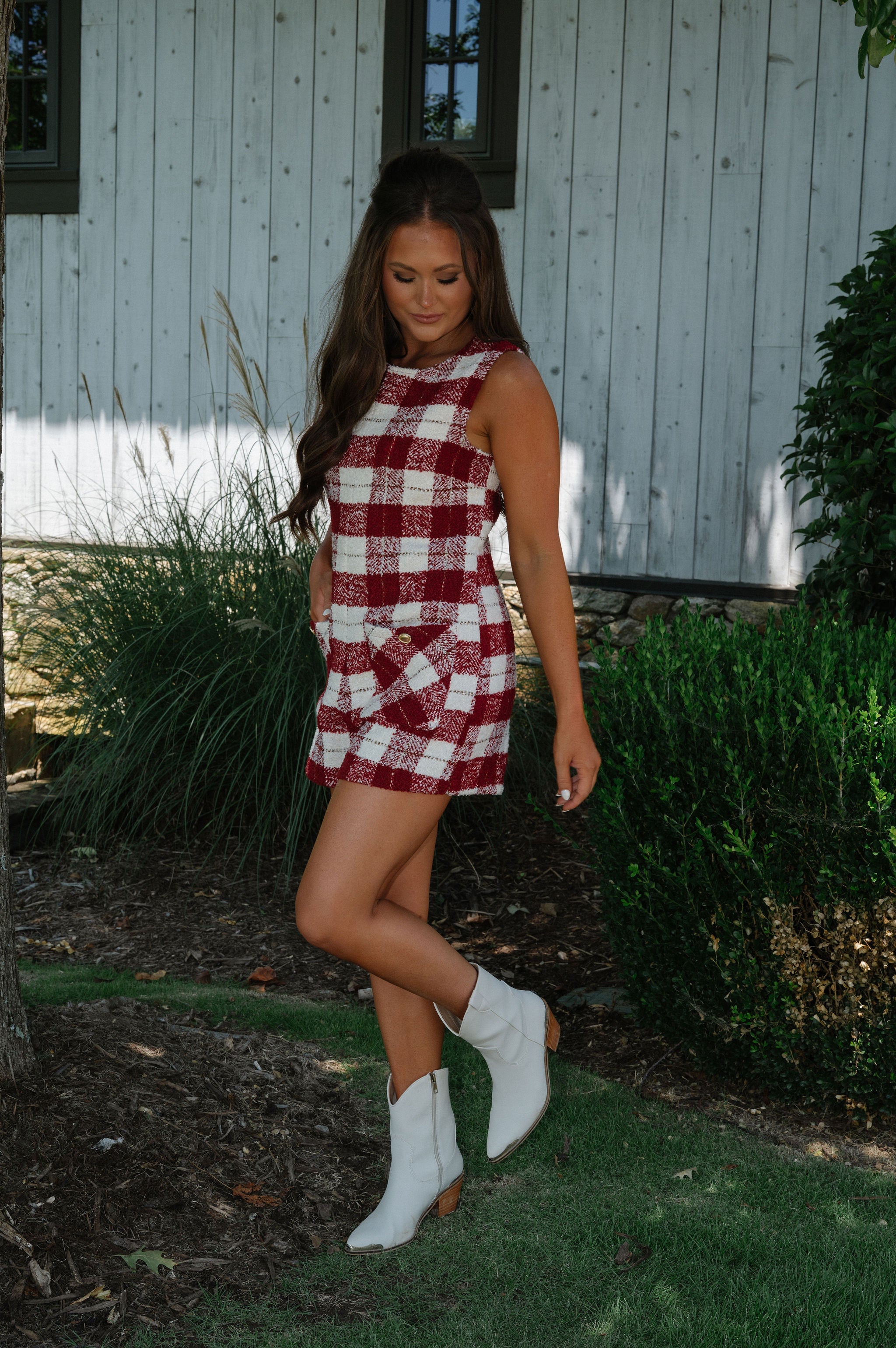 Pocketed Tweed Romper-Burgundy/Ivory