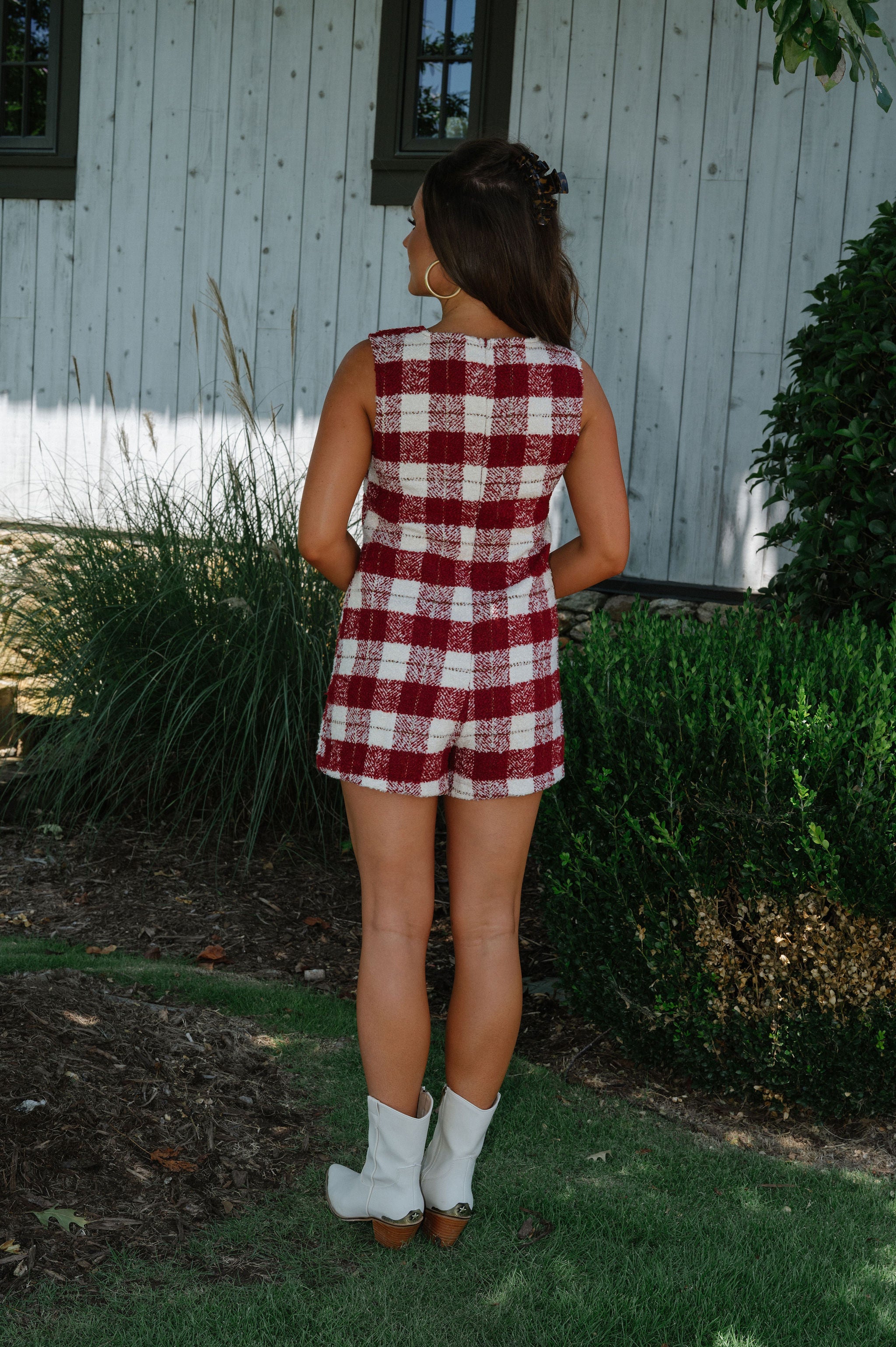 Pocketed Tweed Romper-Burgundy/Ivory