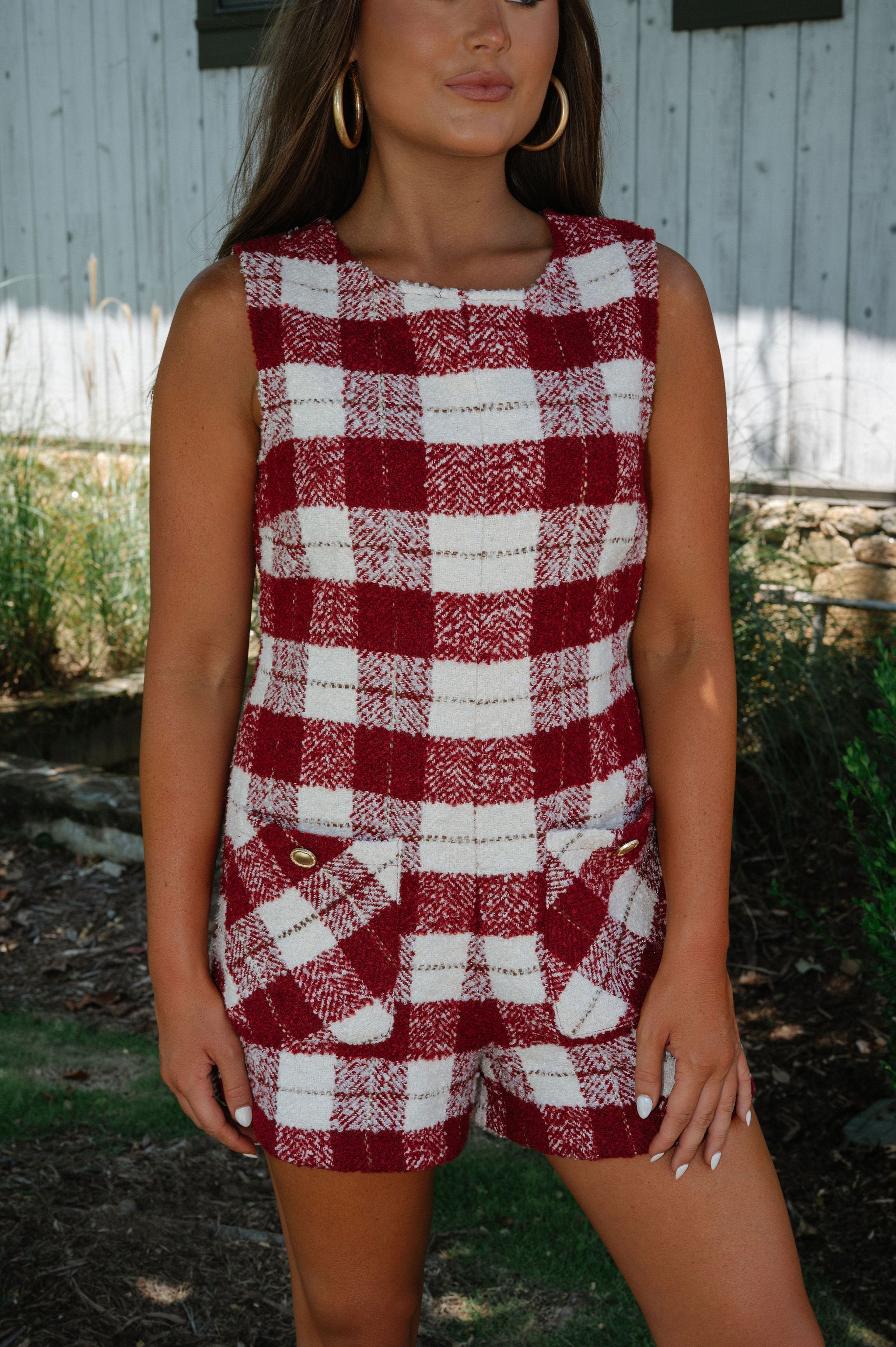 Pocketed Tweed Romper-Burgundy/Ivory