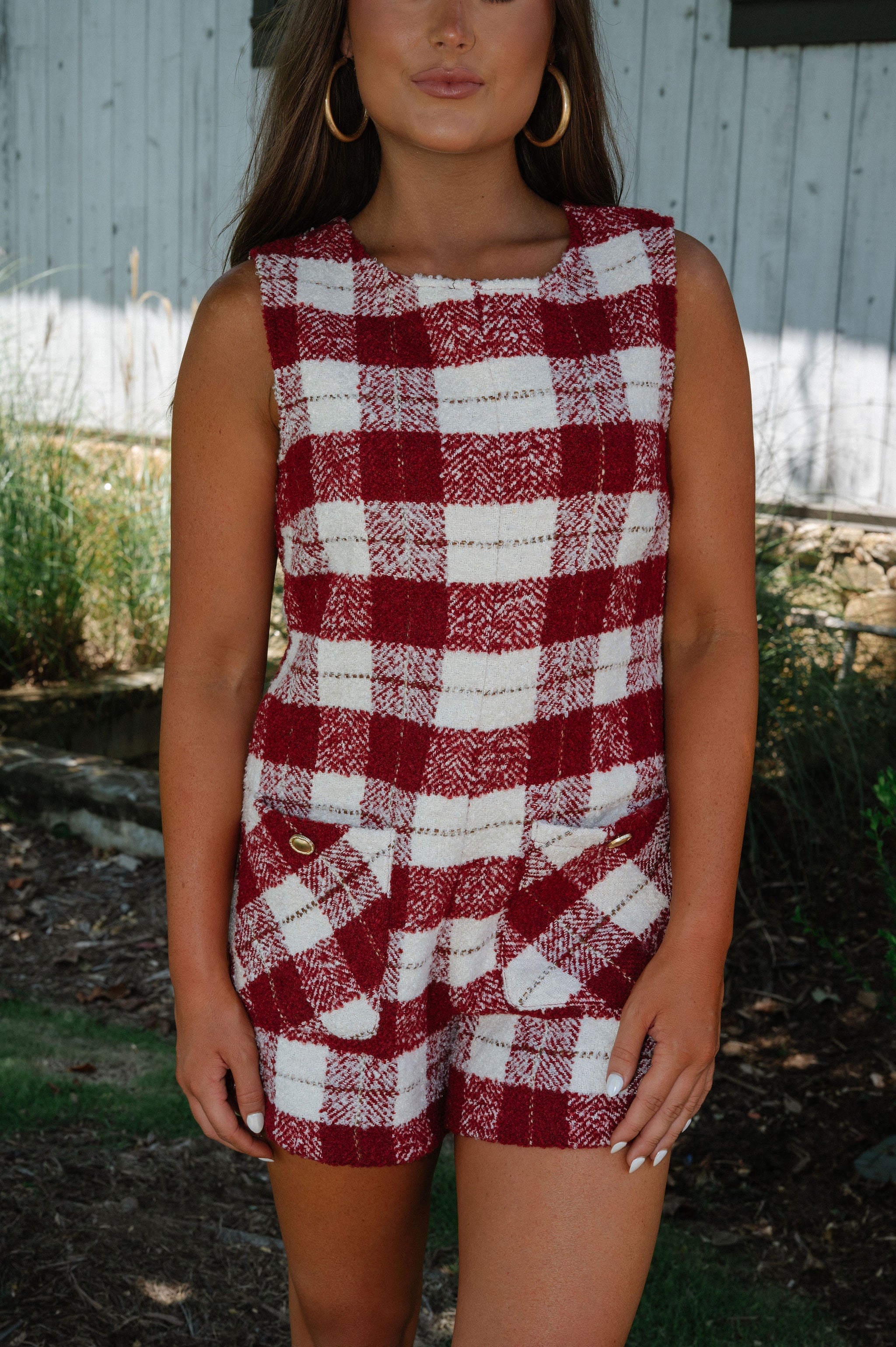 Pocketed Tweed Romper-Burgundy/Ivory