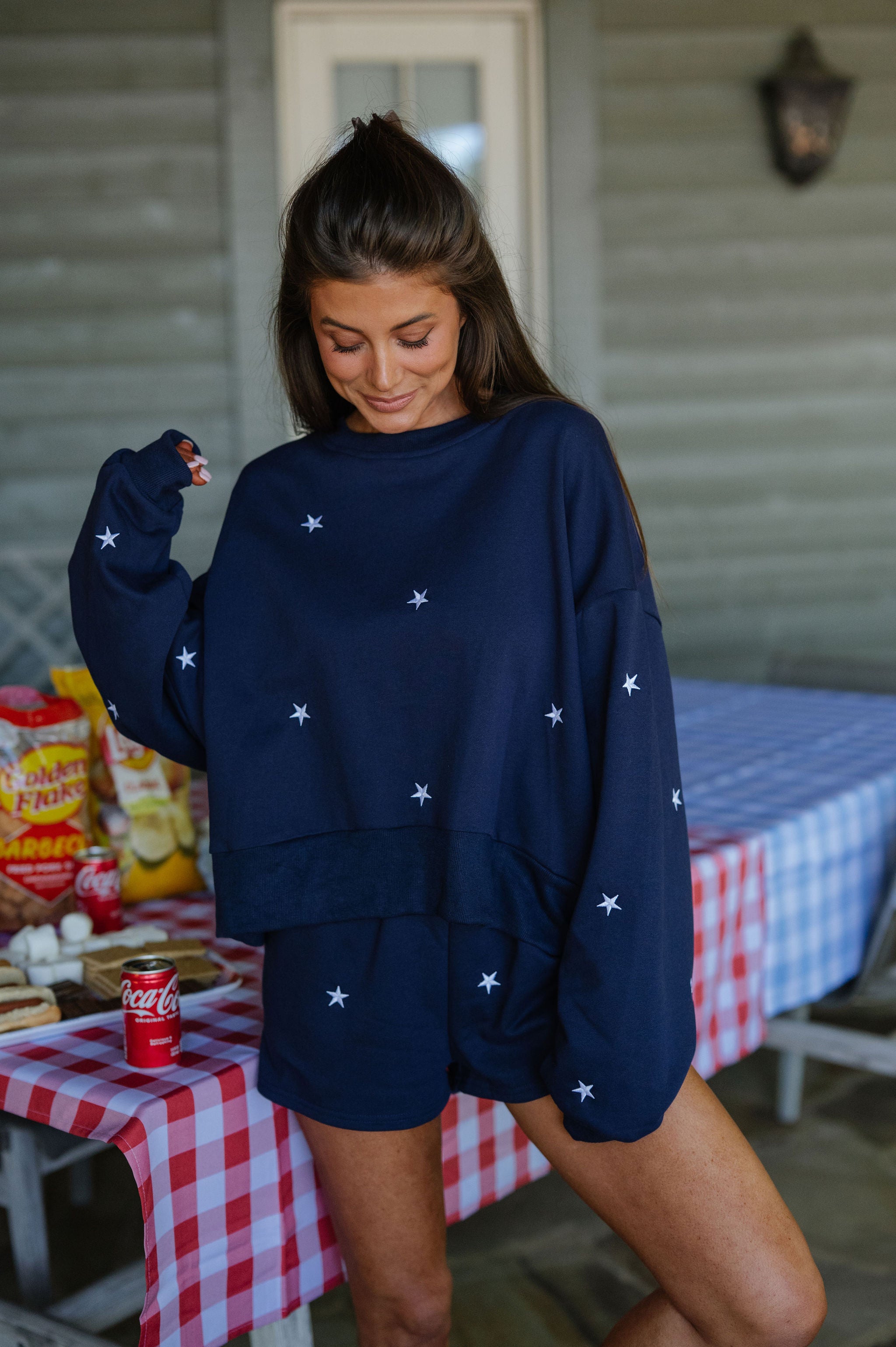 Star Embroidered Shorts Set-Navy