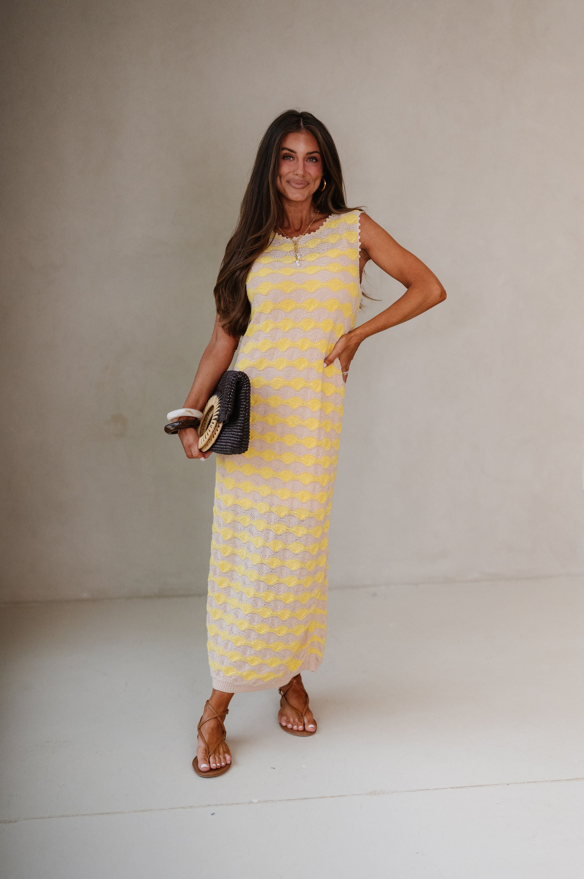 Scalloped Wavy Stripe Knit Midi Dress-Oatmeal/Butter