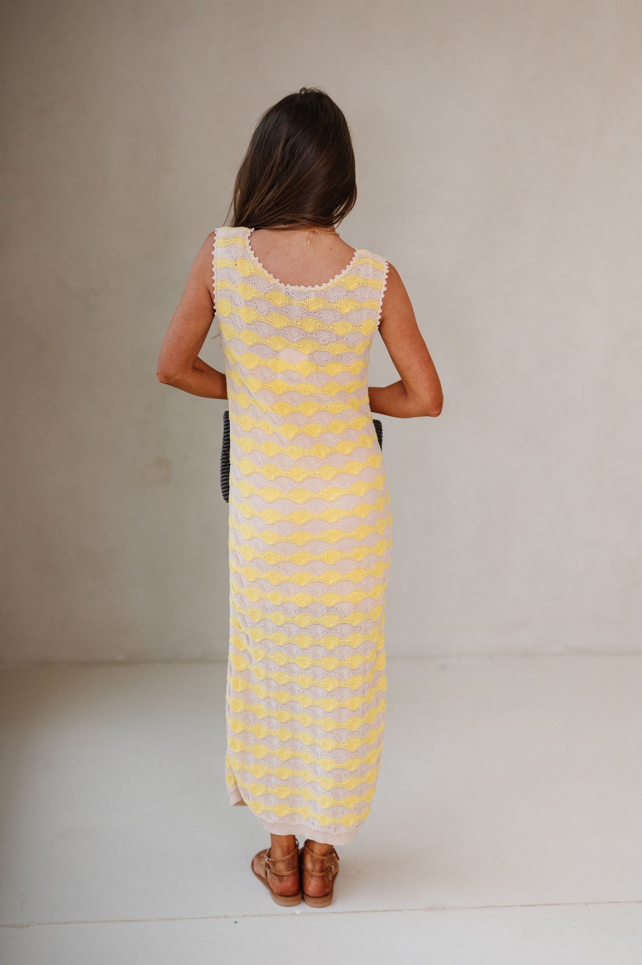 Scalloped Wavy Stripe Knit Midi Dress-Oatmeal/Butter