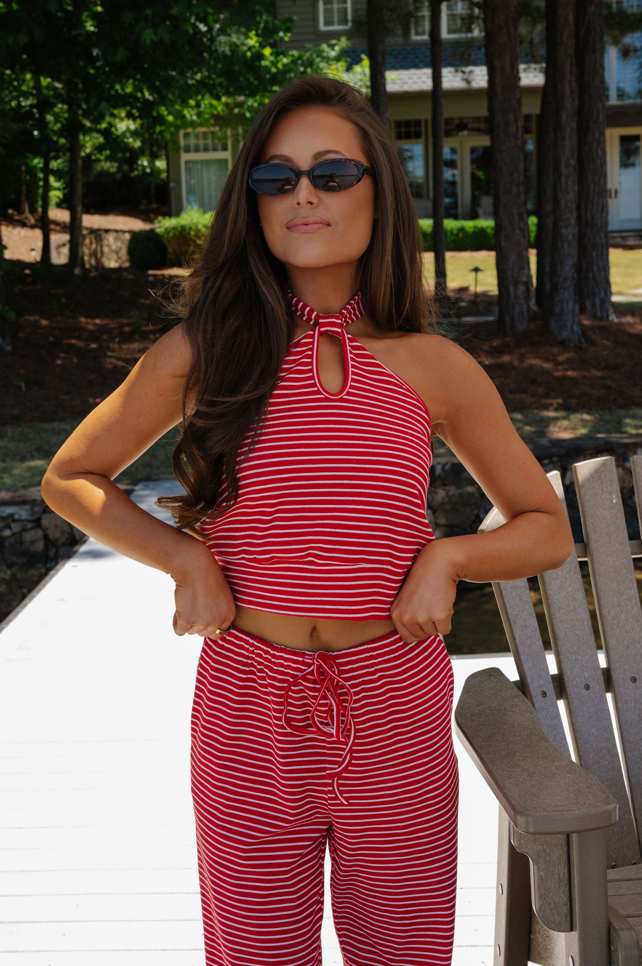 Striped Halter Neck Top-Red
