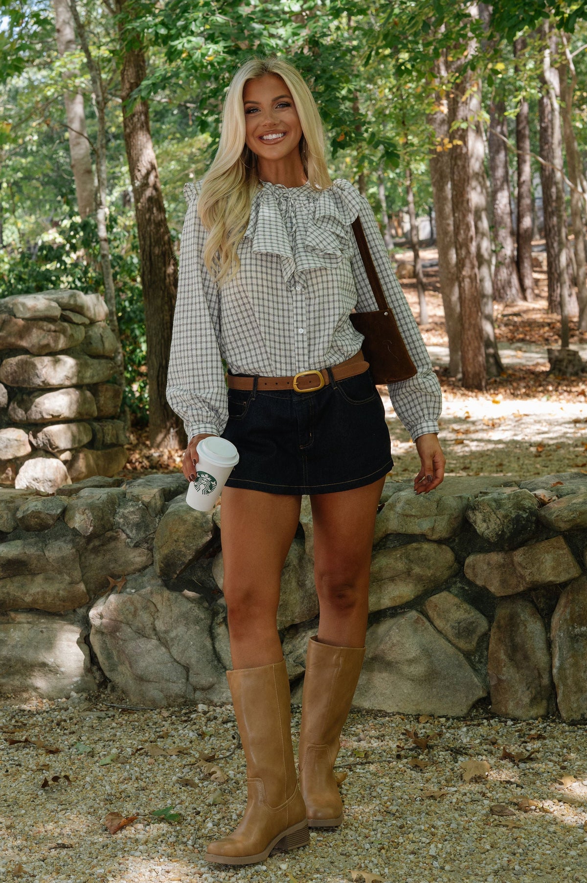 Harriet Gingham Ruffle Blouse-Off White/Black