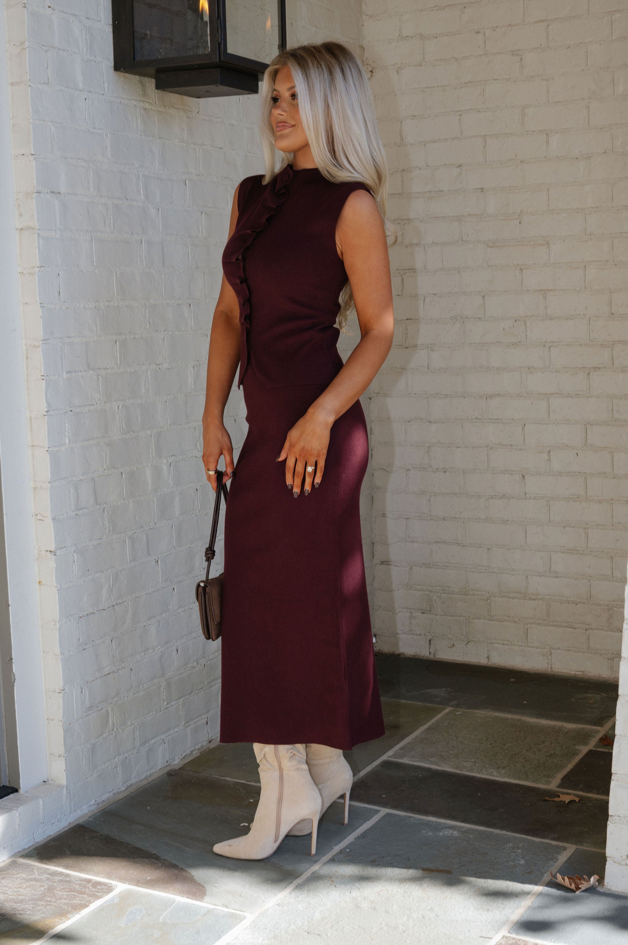 Sutherland Ruffled Skirt Set-Burgundy
