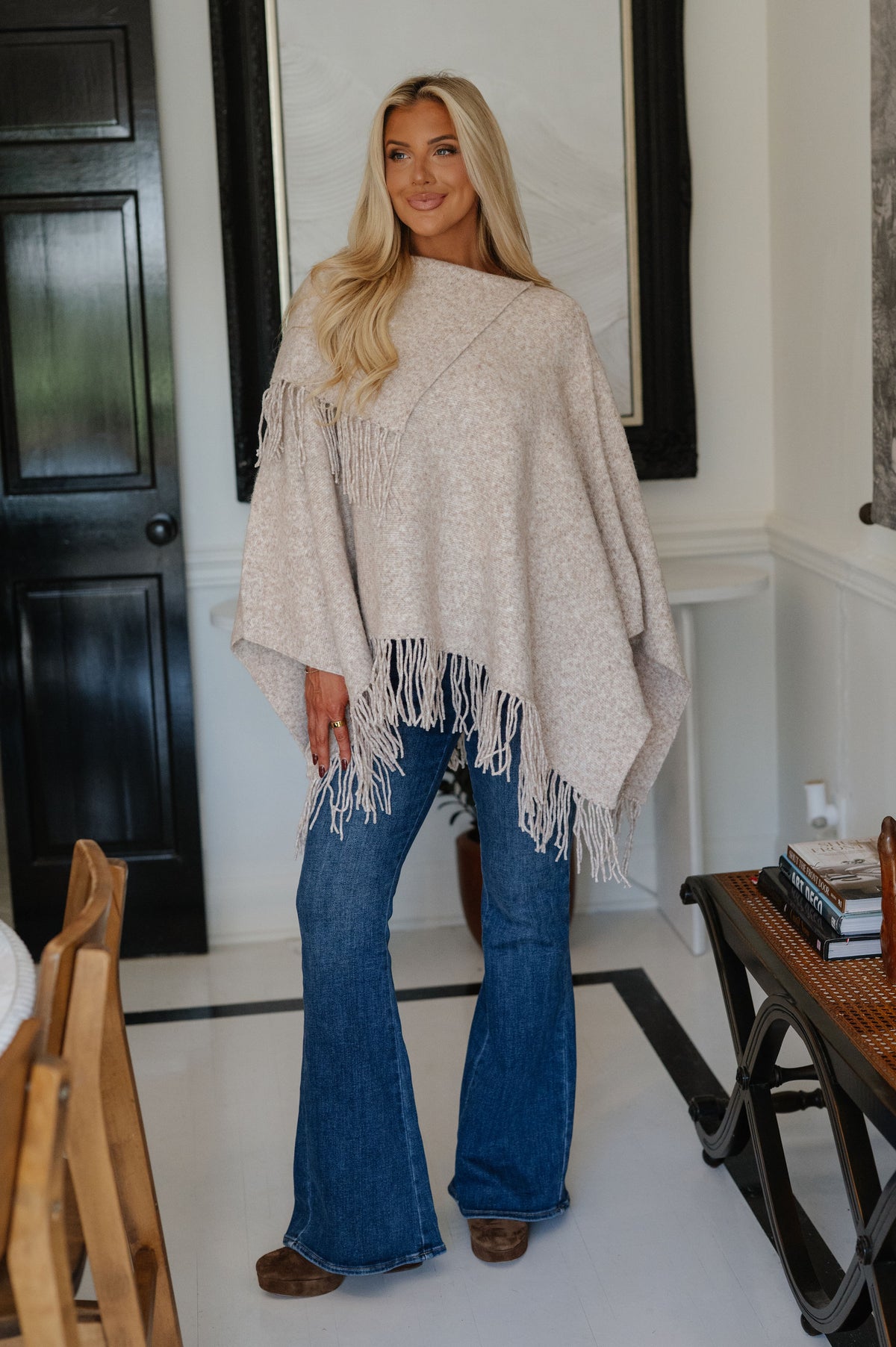 Fringe Poncho Sweater-Oatmeal
