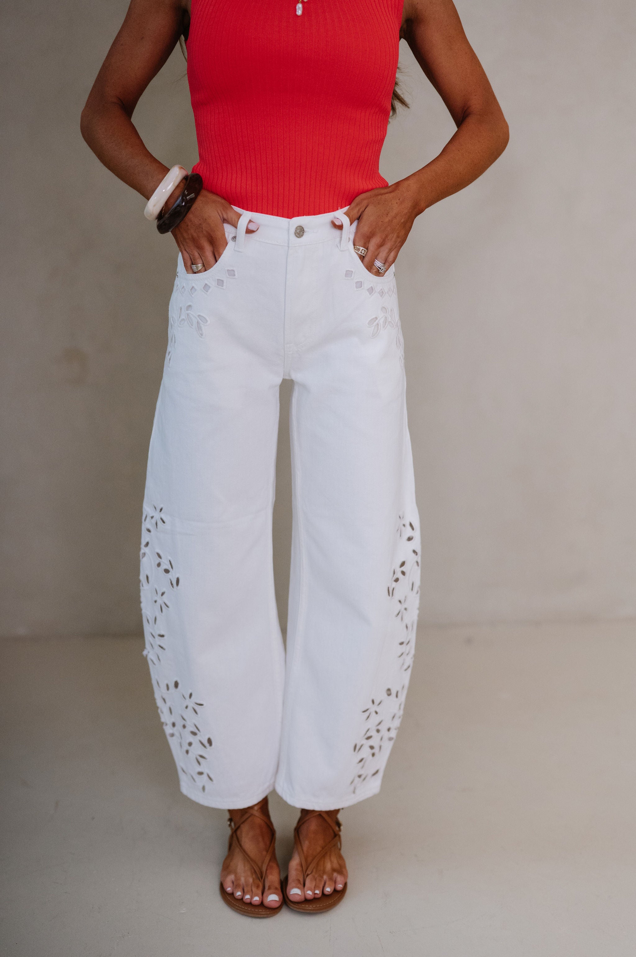 Ruby Embroidered Barrel Jeans-Off White