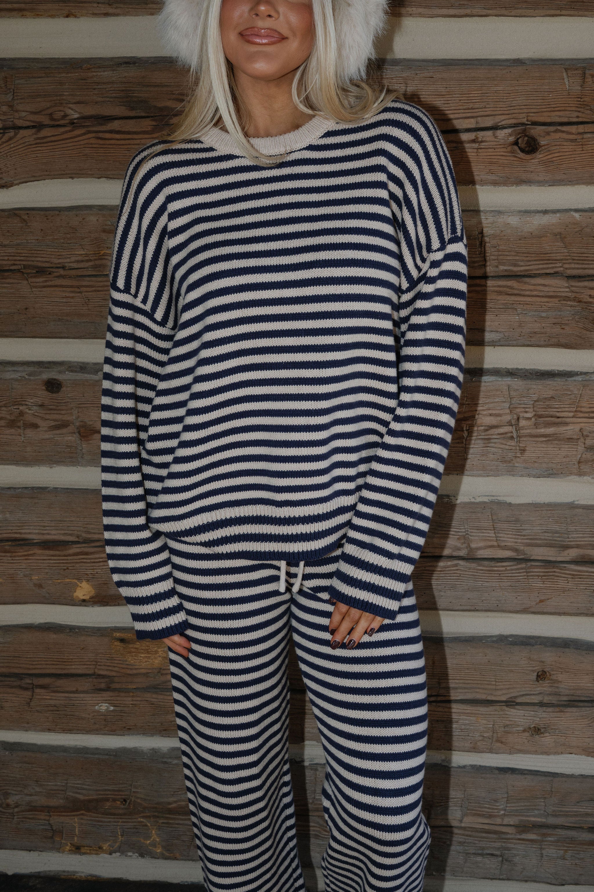Henderson Striped Pants Set-Navy/Taupe