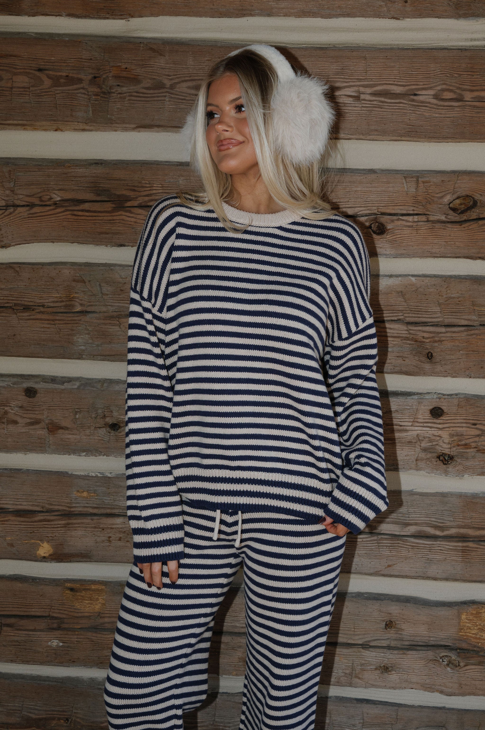 Henderson Striped Pants Set-Navy/Taupe