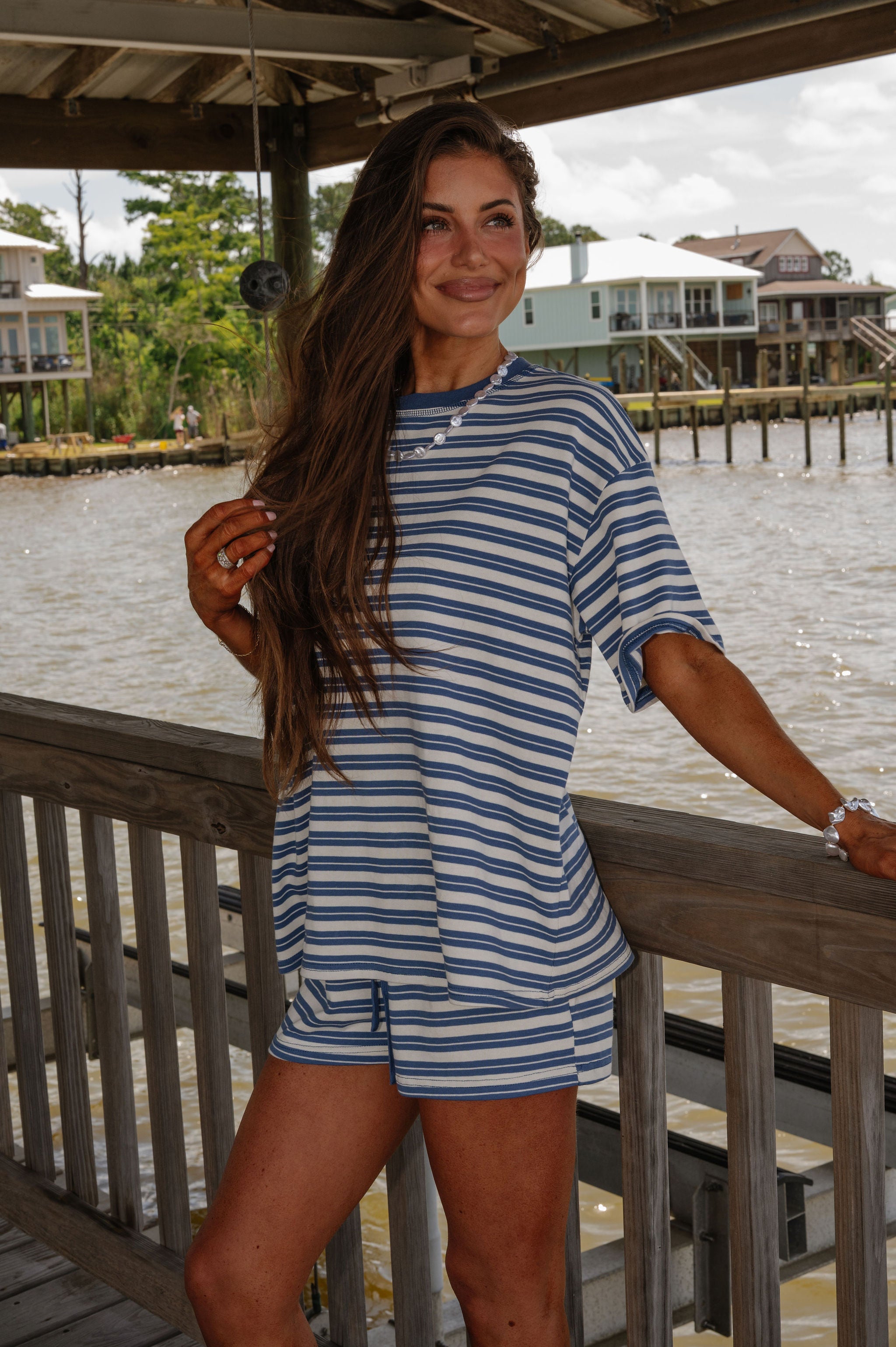Marina Striped Shorts Set-Dusty Blue