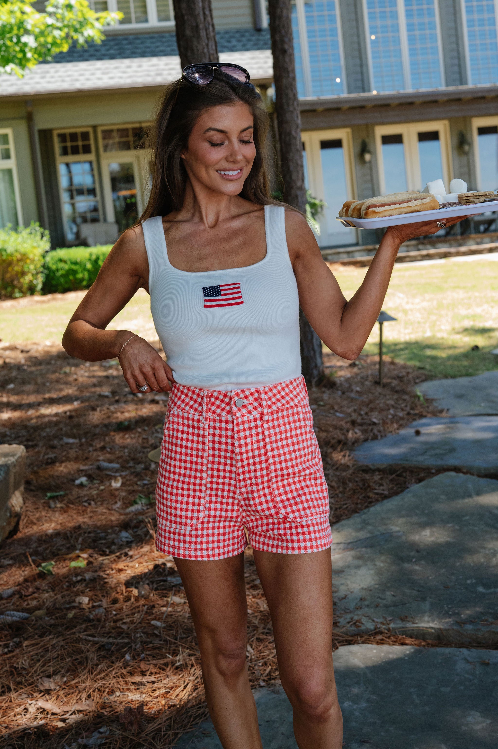 Kaylin Cargo Shorts-Red Gingham