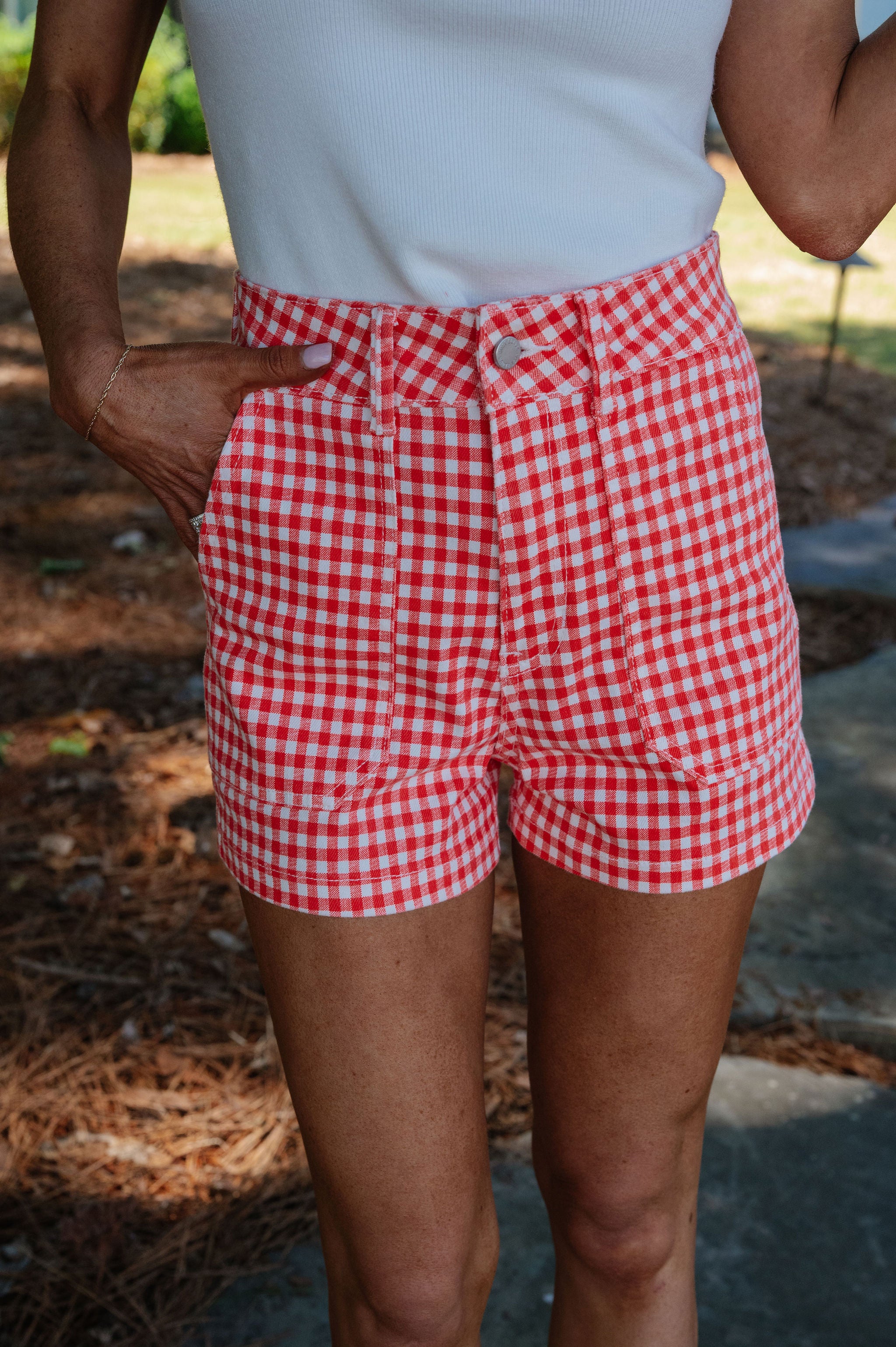 Kaylin Cargo Shorts-Red Gingham