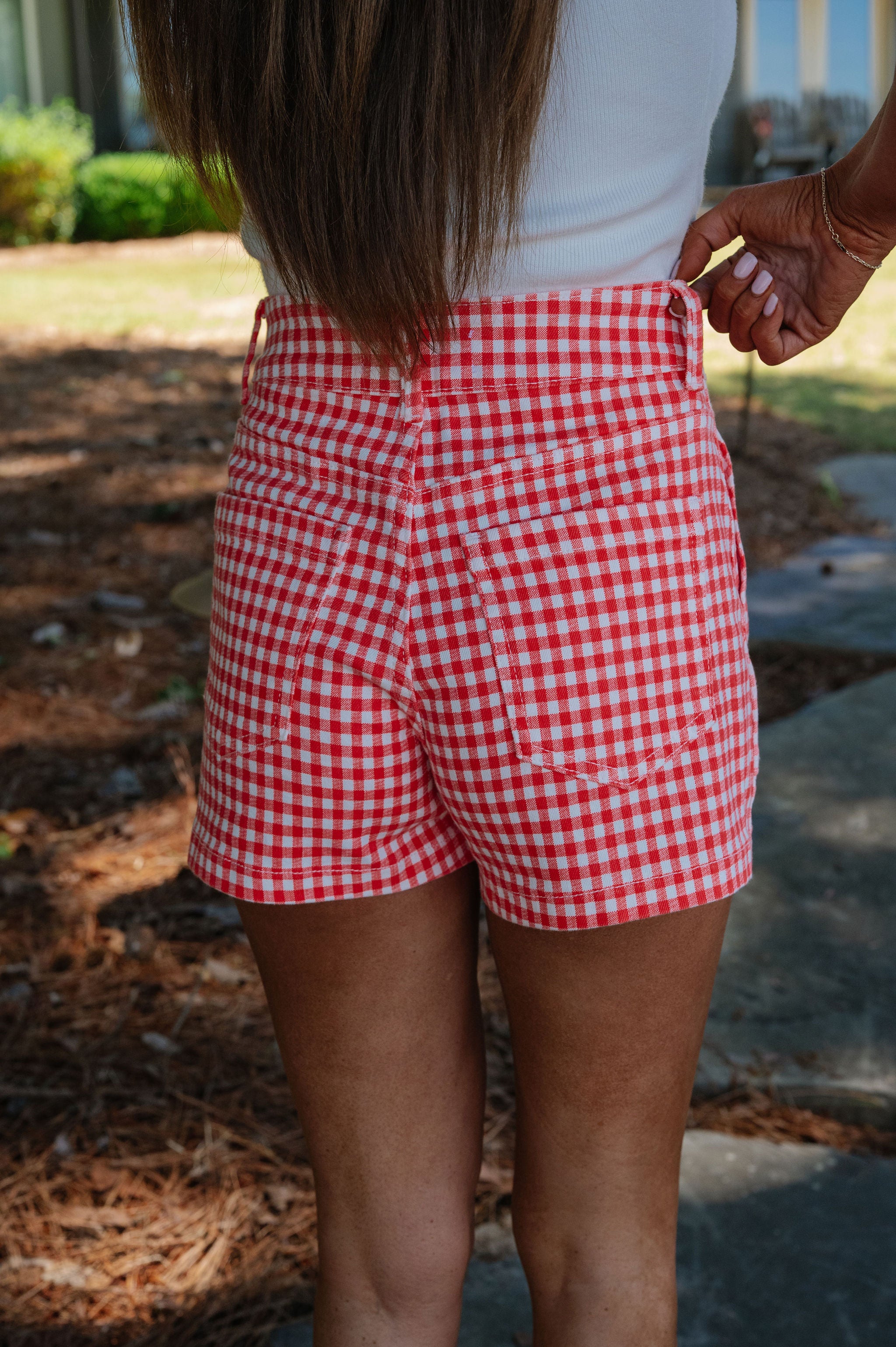 Kaylin Cargo Shorts-Red Gingham
