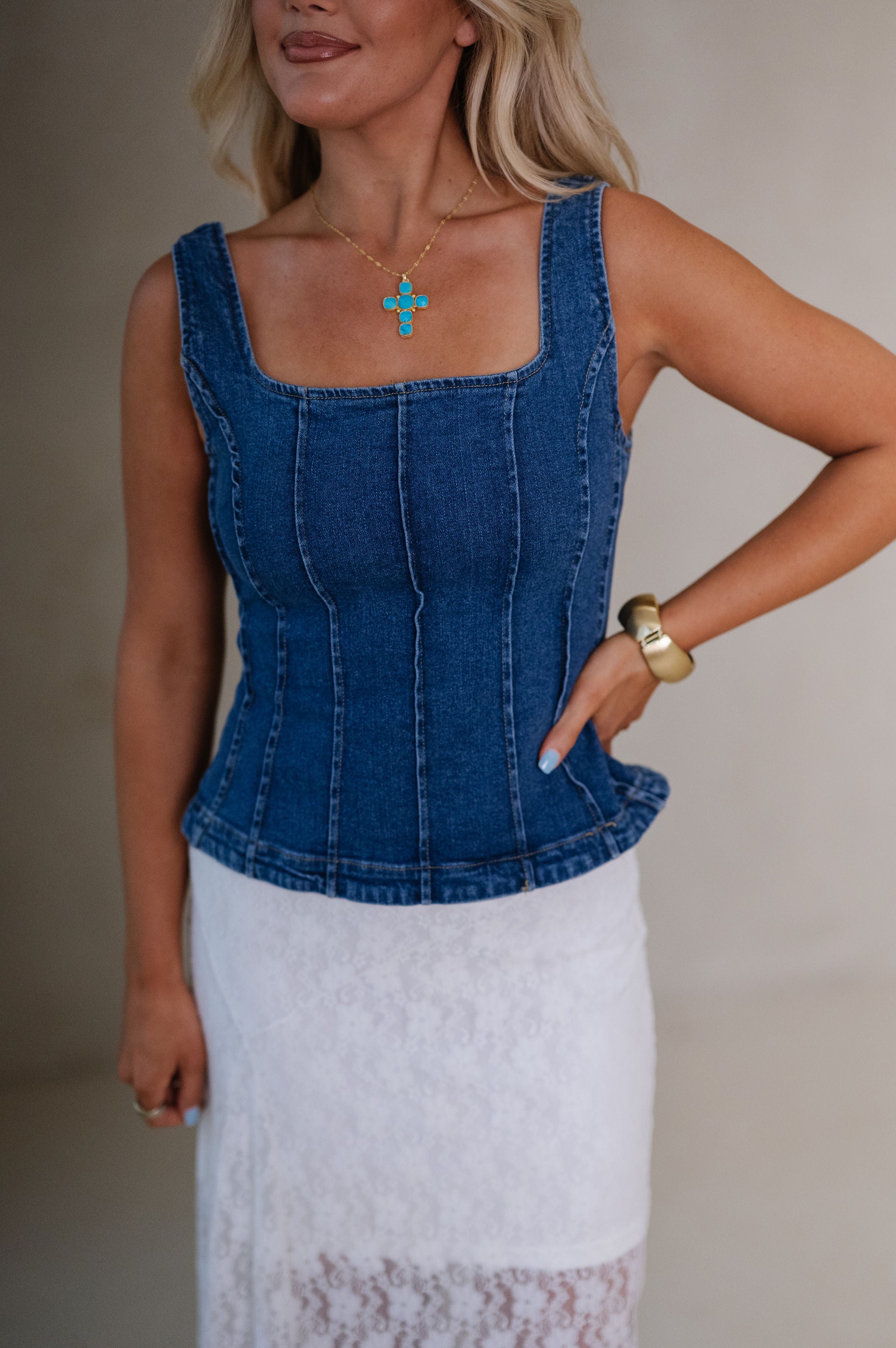 Paneled Denim Peplum Top