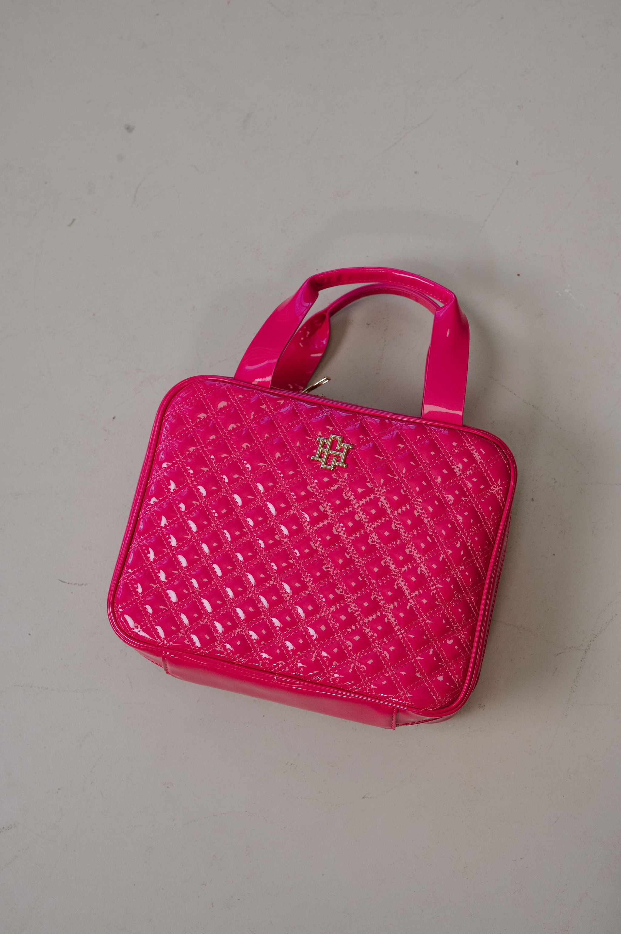Patent Leather Quilted Makeup Bag- Hot Pink