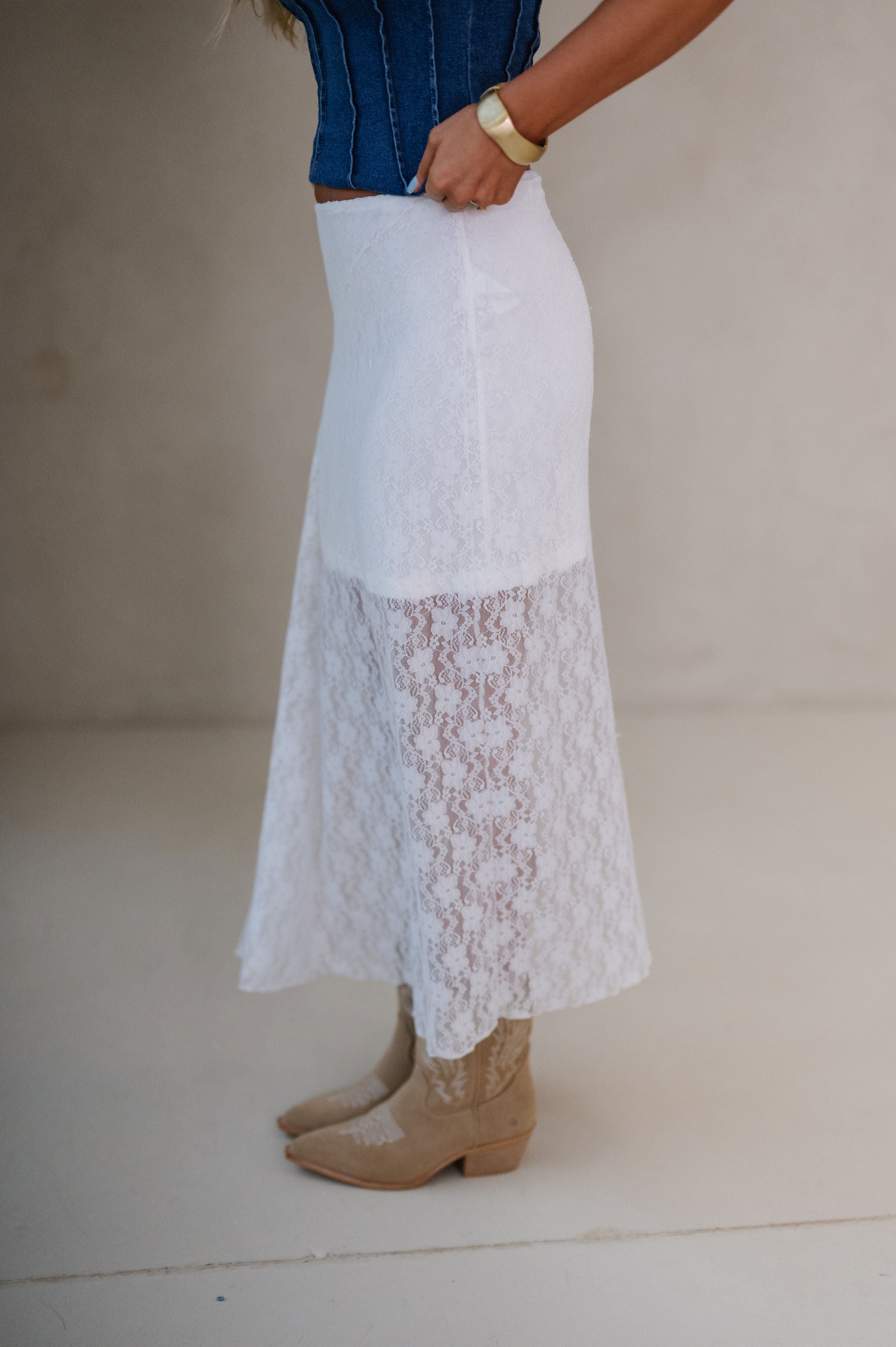 Lace Midi Skirt-Ivory