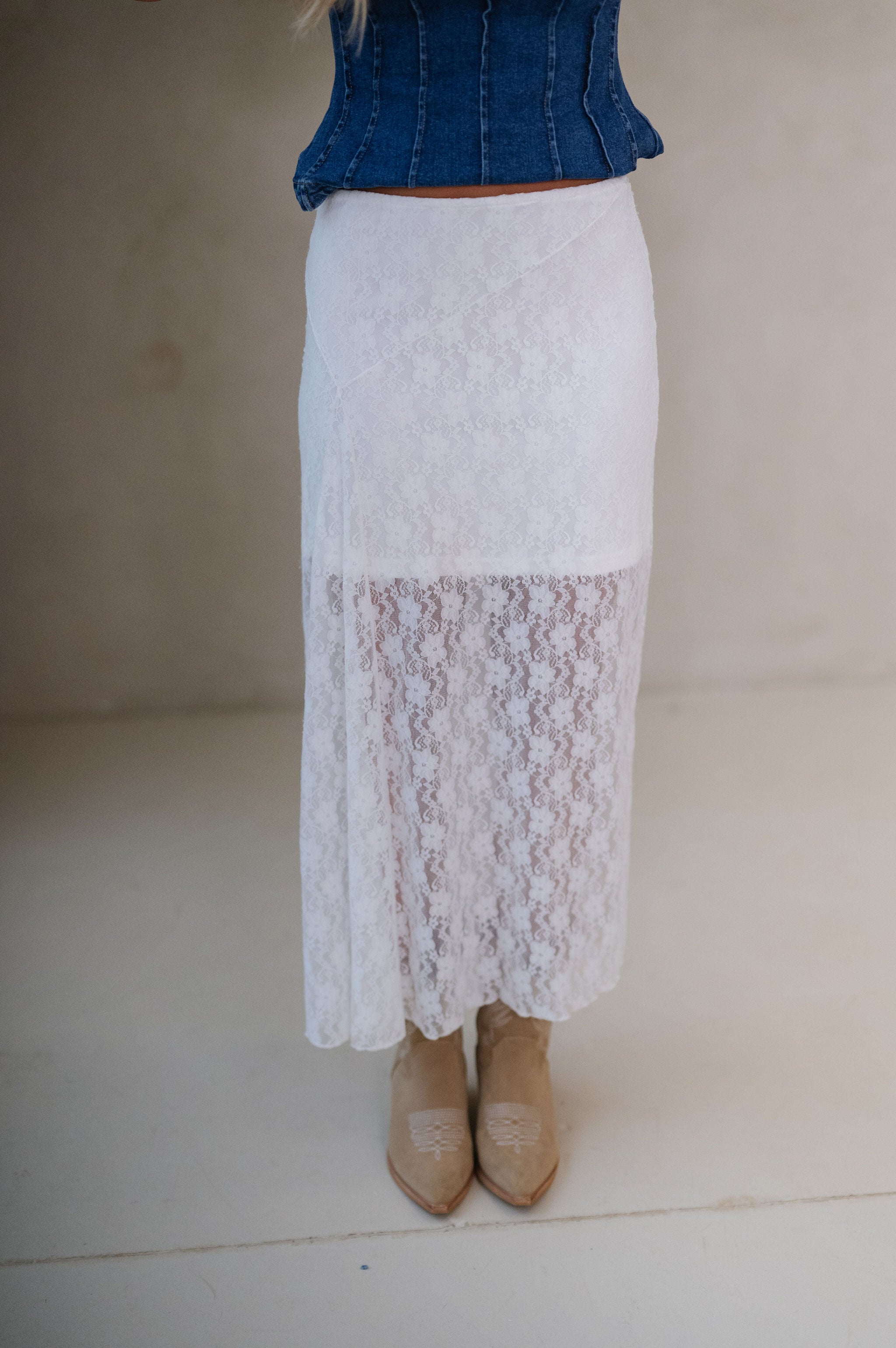 Lace Midi Skirt-Ivory