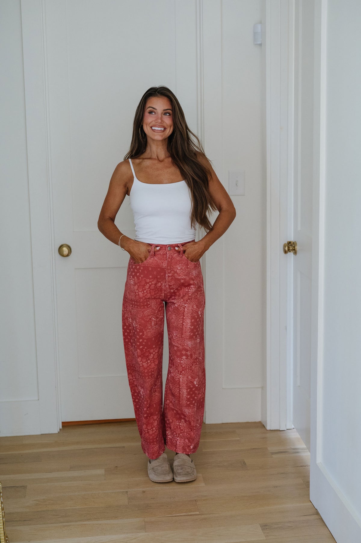 Bandana Print Wide Leg Jeans-Red