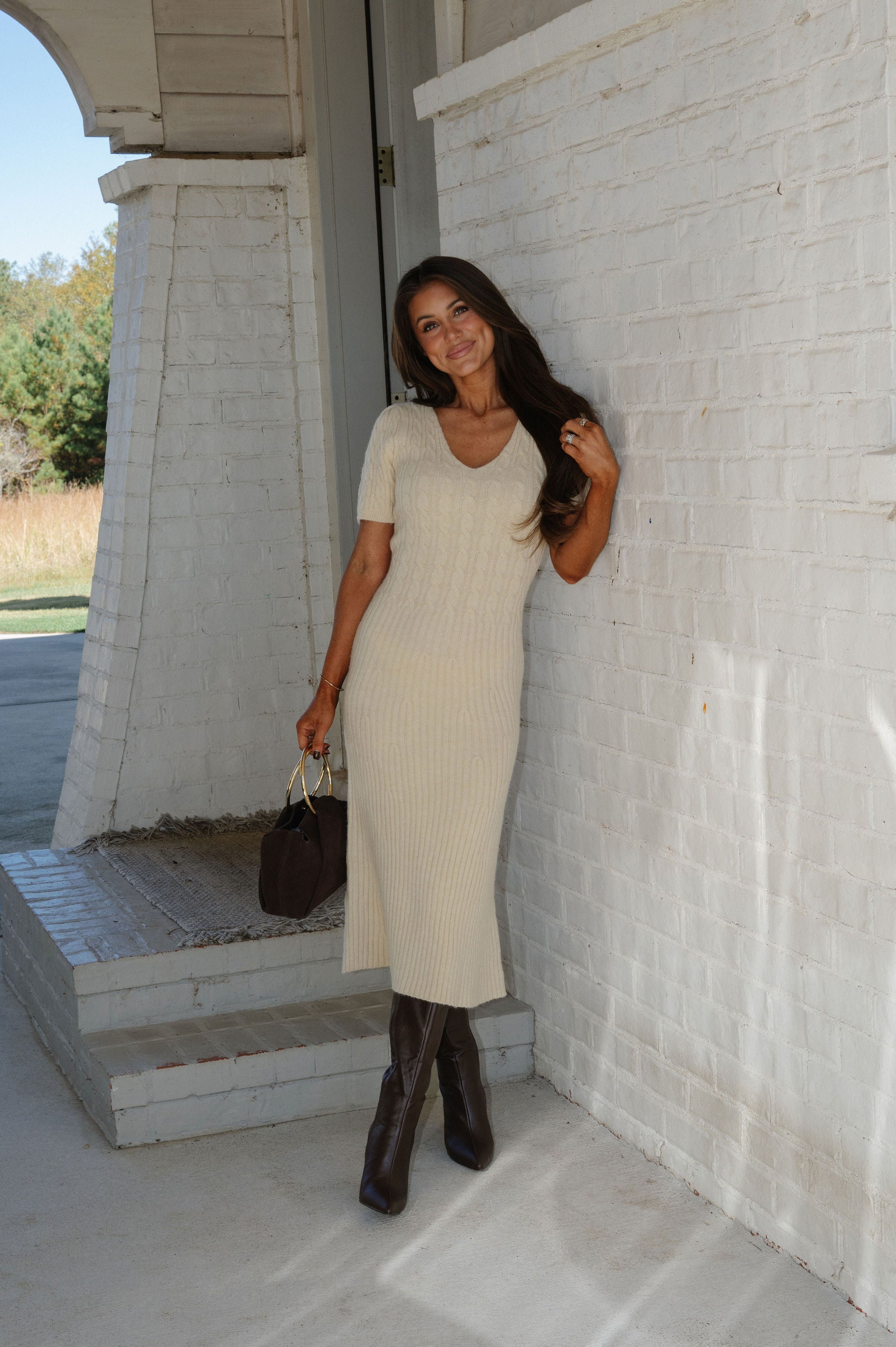Puff Sleeve Cable Knit Midi Dress-Oat