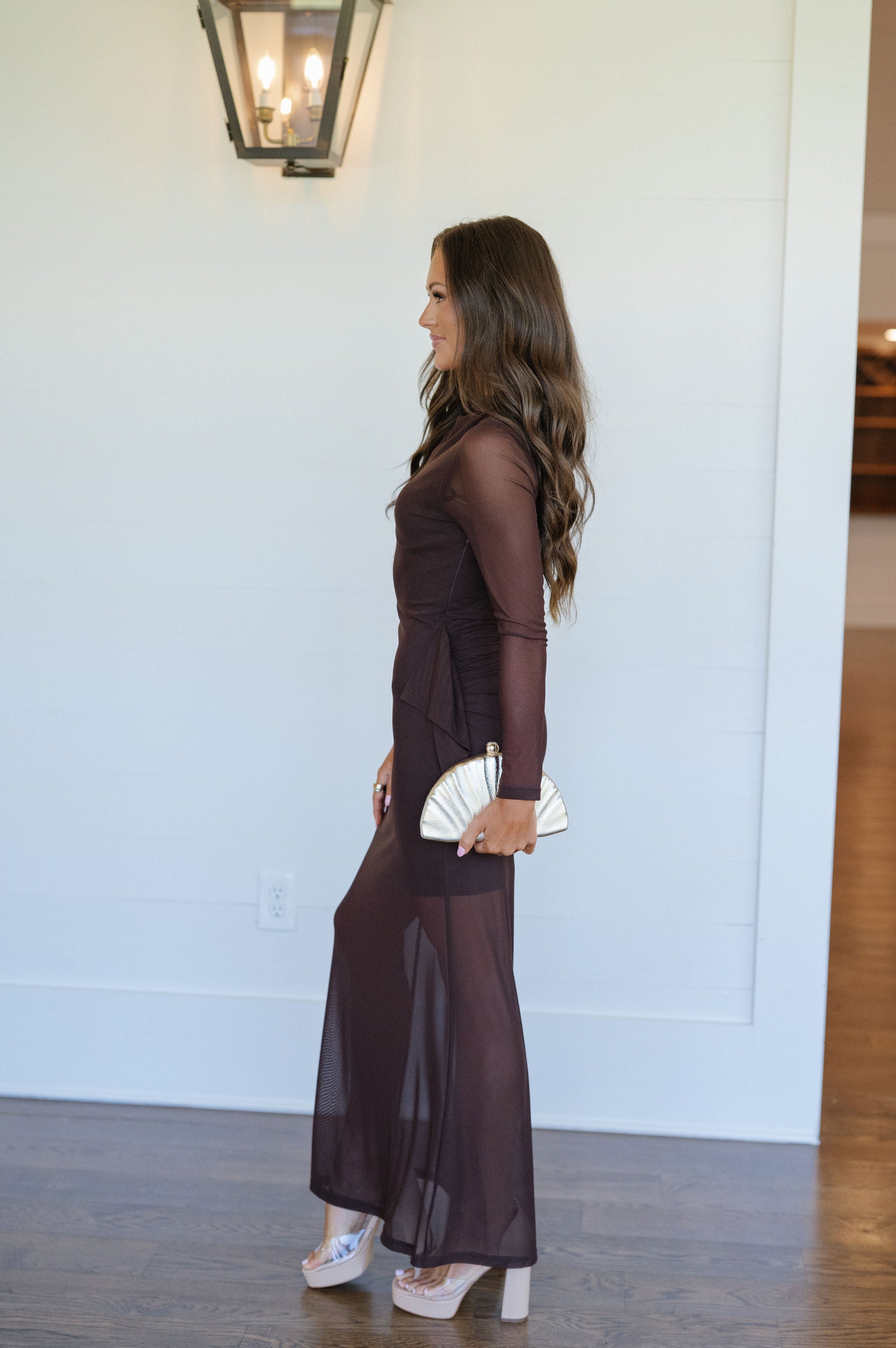 Rome Ruched Sheer Maxi Dress-Chocolate