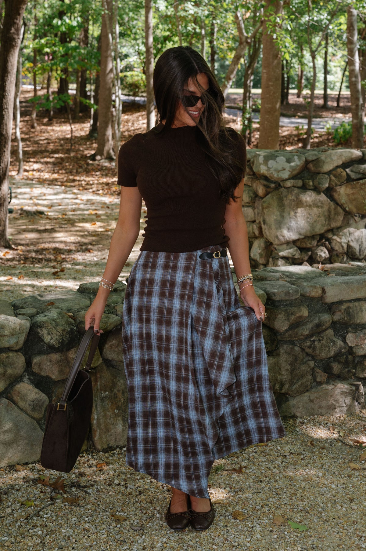 Laken Plaid Midi Skirt-Brown/Blue